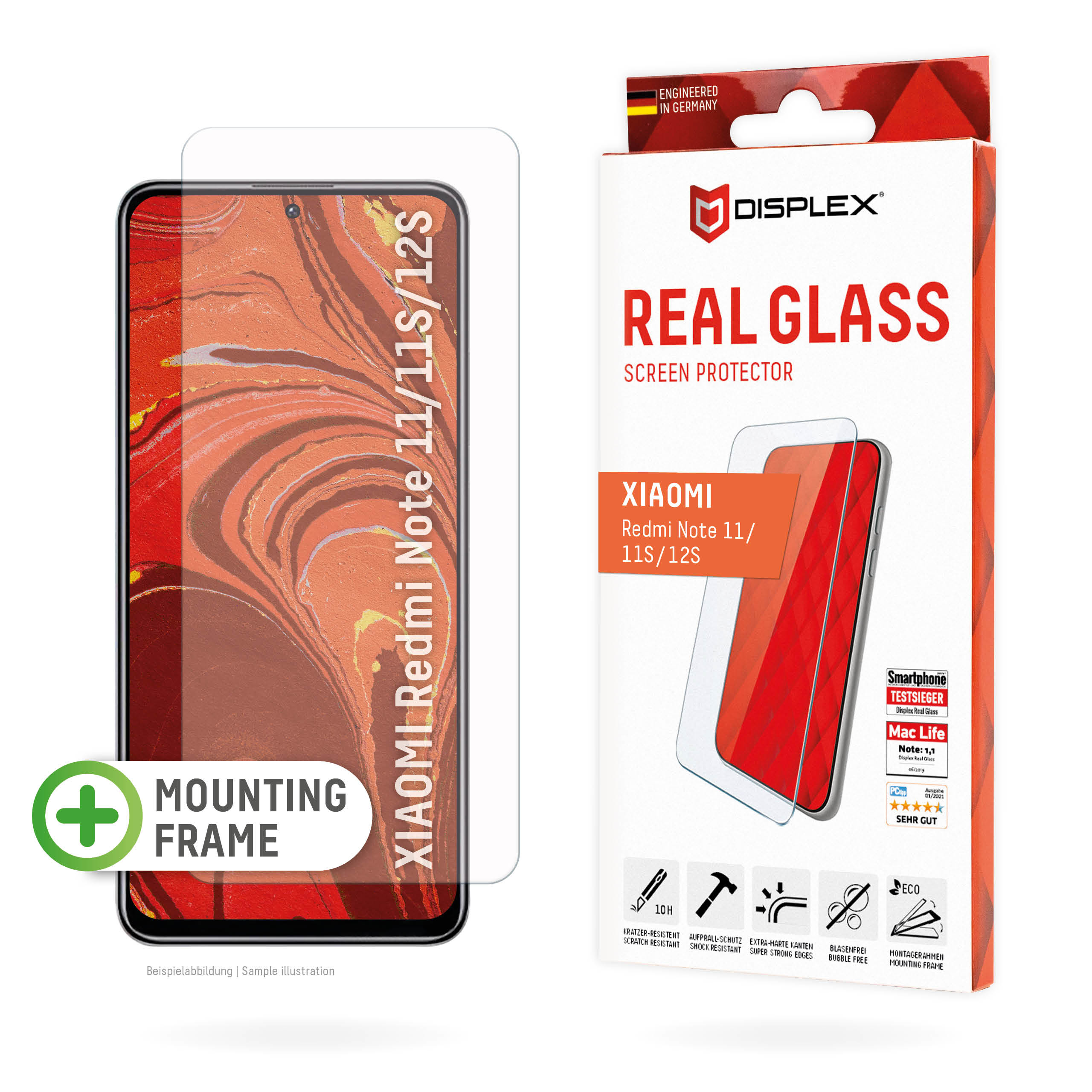 Displex Screen Protector (10H) for Xiaomi Redmi Note 11/Note 11S/Note 12S, Eco Mounting Frame, scratch resistant
