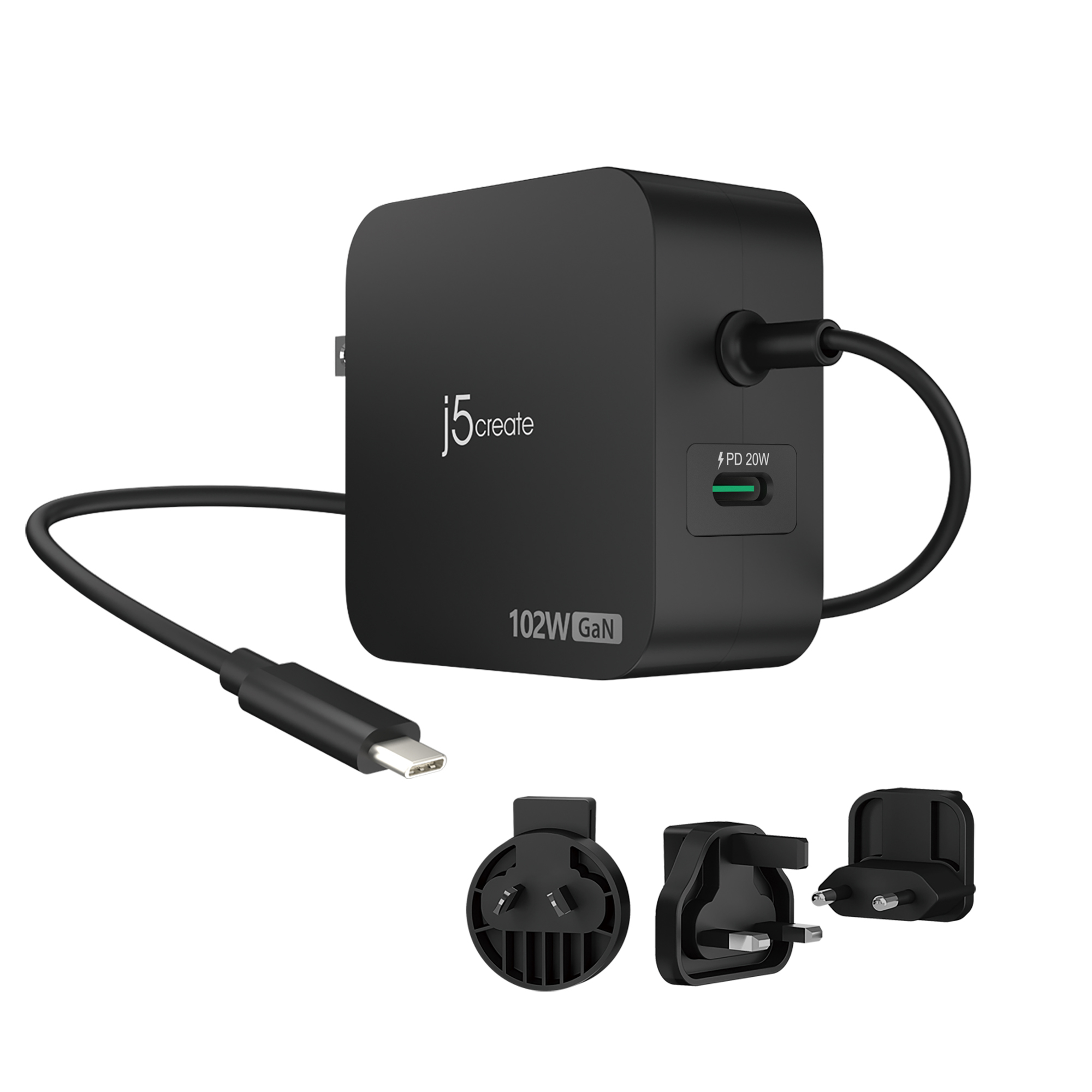 j5create Caricatore GaN PD USB-C a 2 porte da 102 W con spine CA intercambiabili