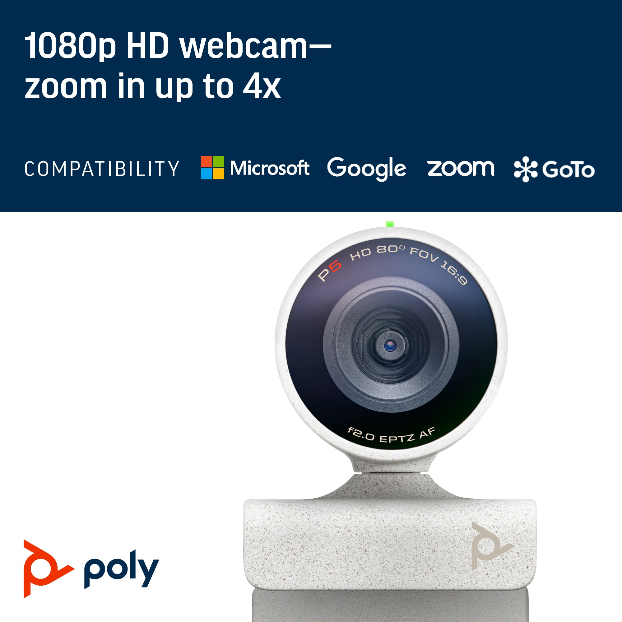 HP Poly Studio P5 USB-A Webcam TAA. Megapixel (approx.): 4 MP, Maximum video resolution: 1920 x 1080 pixels, Camera HD typ