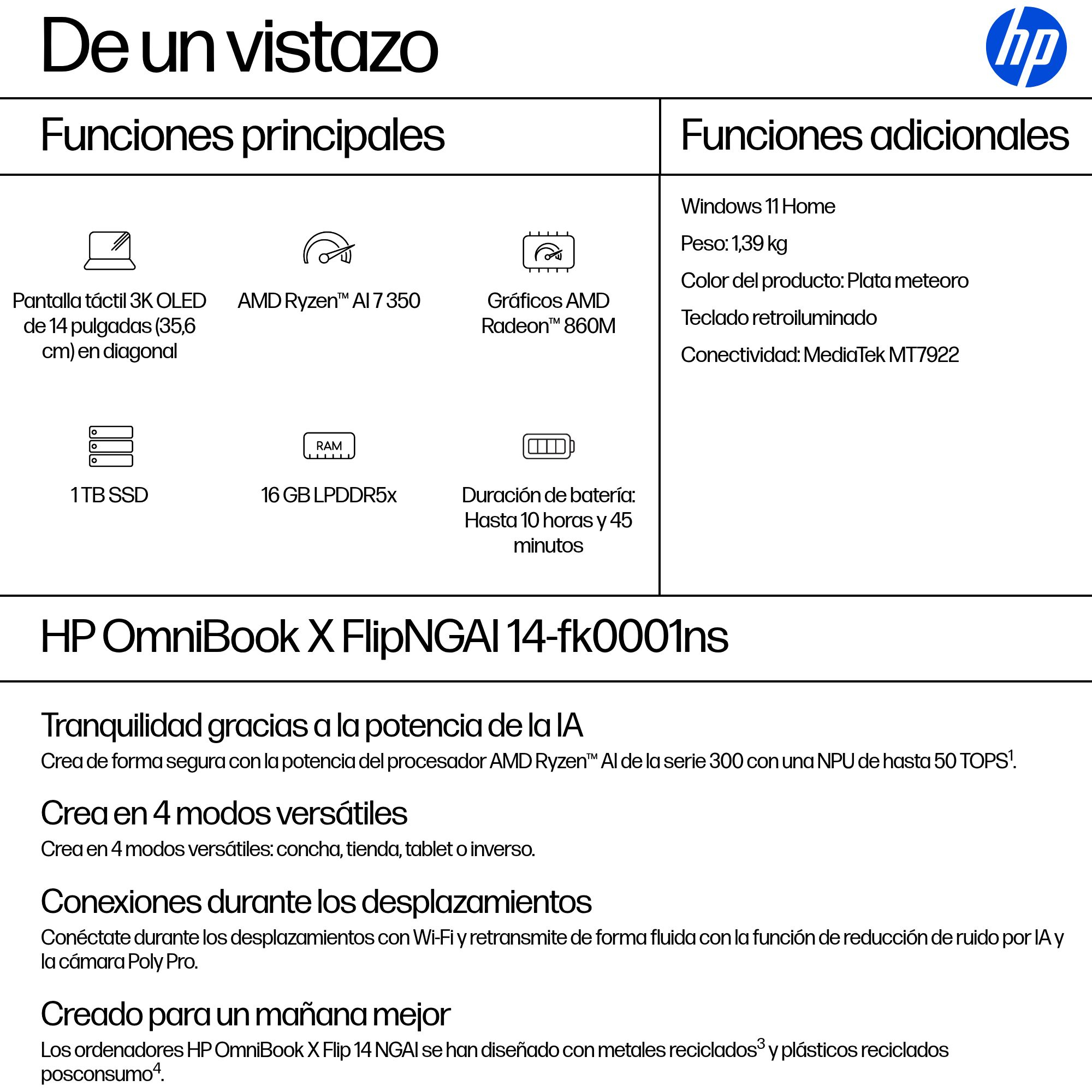 HP - Convertible 2 en 1 HP OmniBook X Flip 14-fk0001ns, Copilot+PC, Ryzen IA 7-350, 16GB, 1TB SSD, 14' OLED, W11. - imagen 5