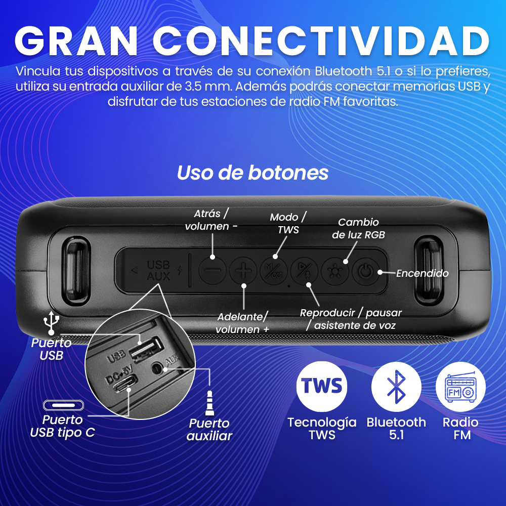 Bocina Portátil Vorago BSP-260 - Bluetooth - 3.5mm - RGB - BSP-260