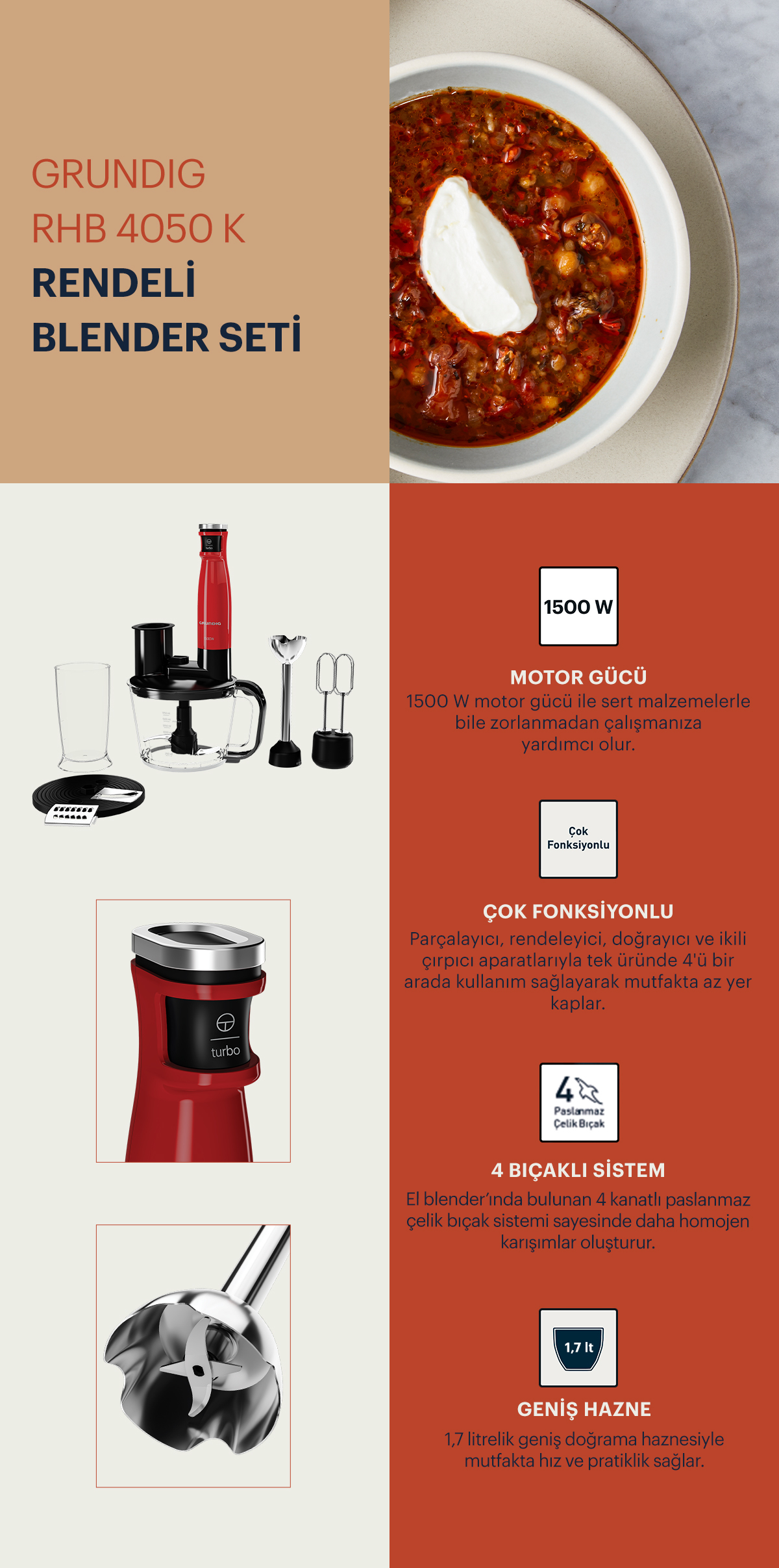 Grundig Rhb 4050 K Kırmızı Rendeli Blender Seti – image 7