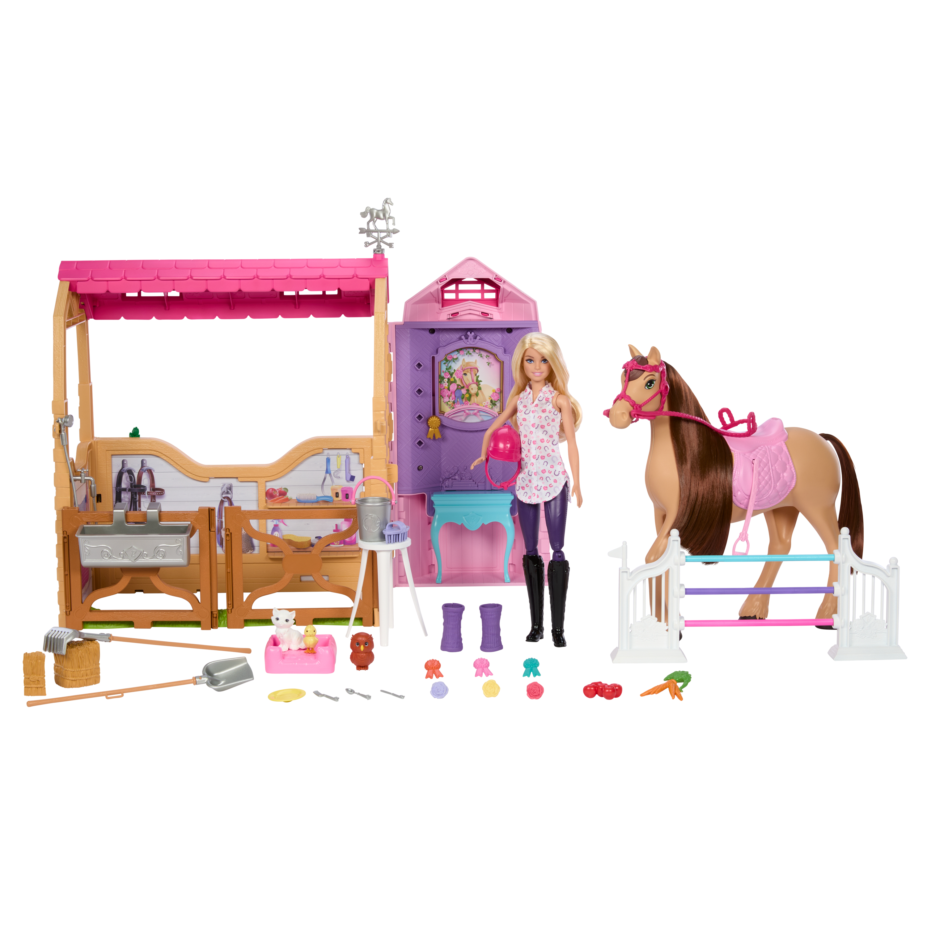 Barbie Mysteries: The Great Horse Chase -tallilelupakkaus, jossa nukke, leluhevonen ja tarvikkeita, yli 25 osaa