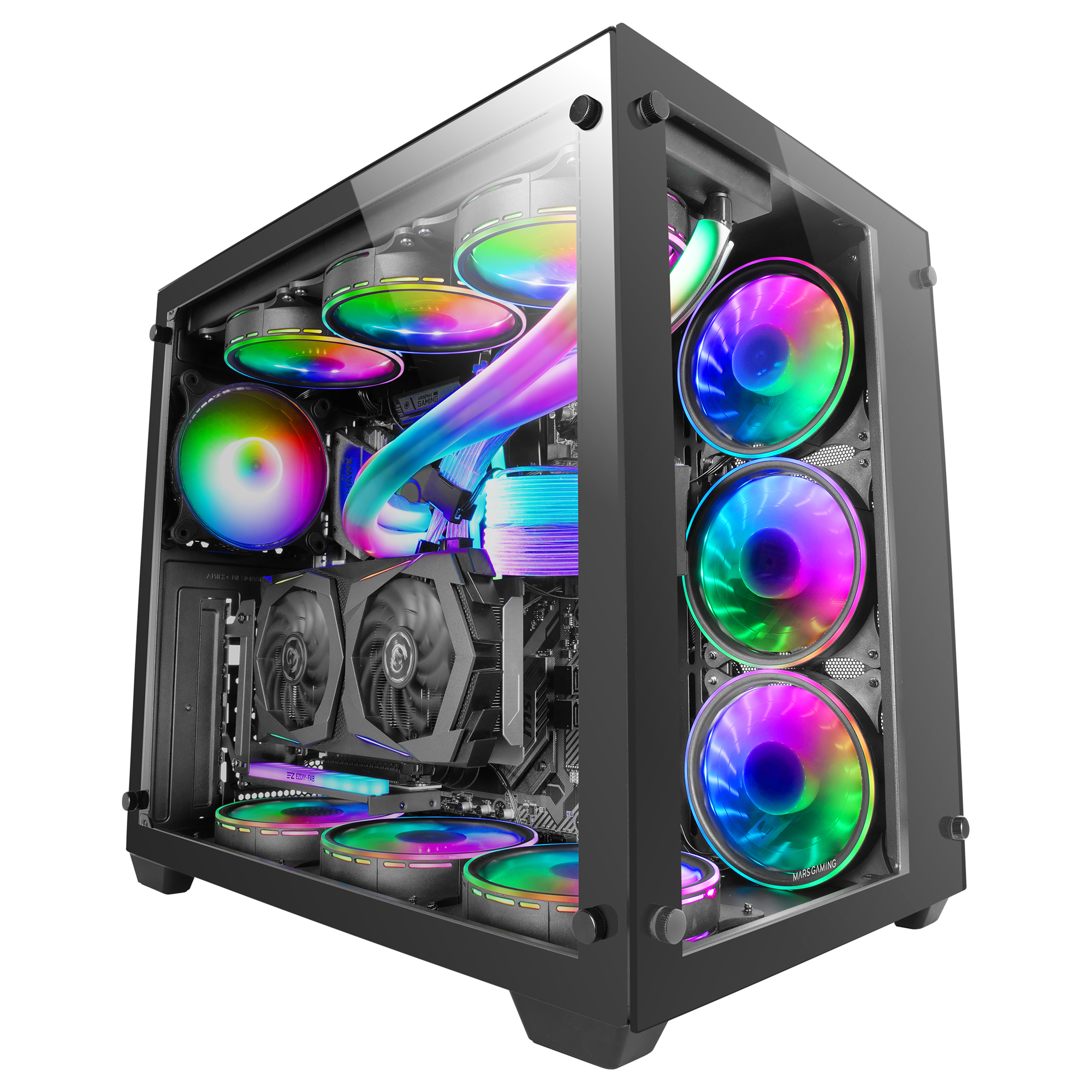 Mars Gaming MCV3 Black Custom XXL E-ATX Gaming Tower Front and Side Tempered Glass Window Dual Chamber Modular Frame – image 1