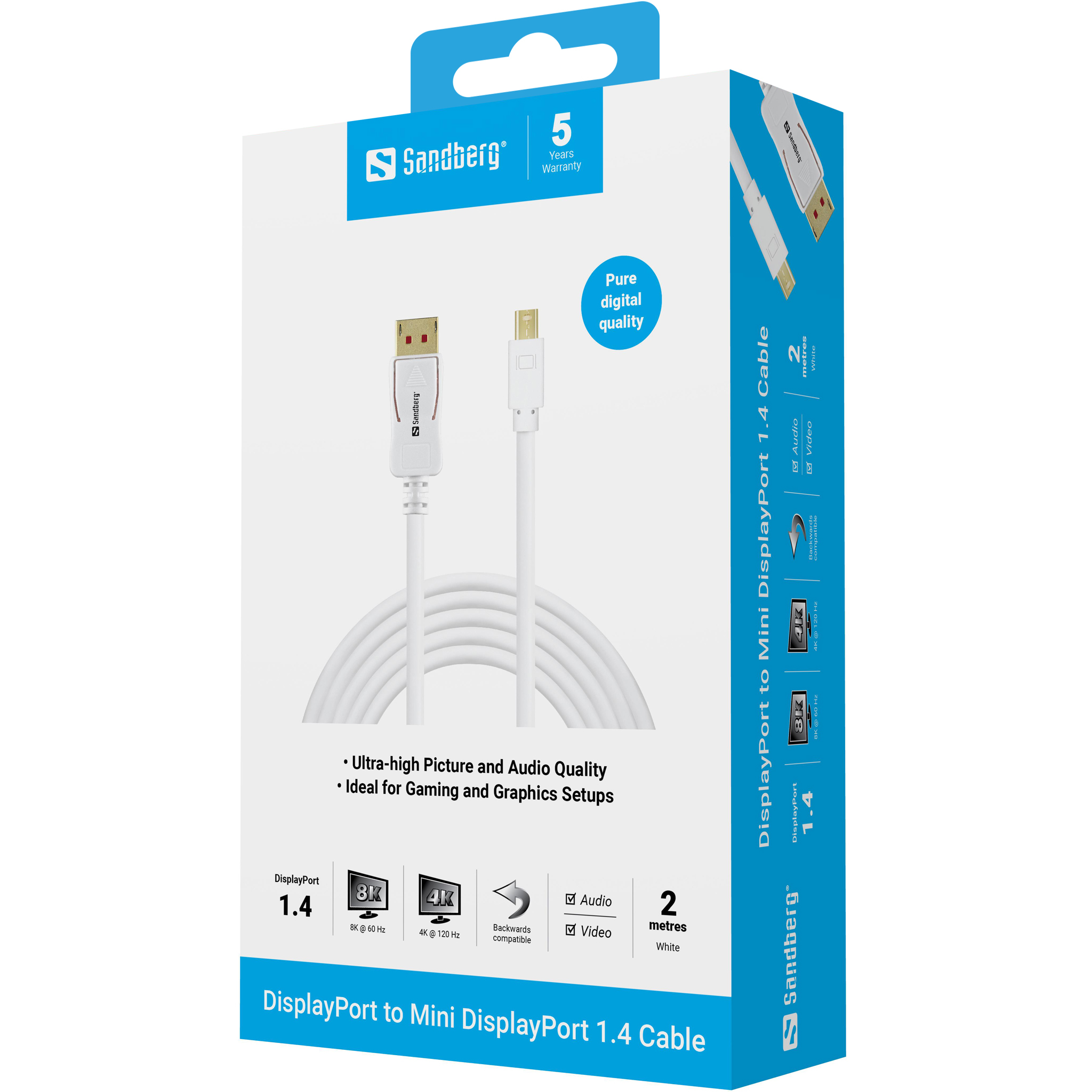 صورة كيبل Sandberg 509-17 DisplayPort إلى Mini DisplayPort، 2 متر، أبيض