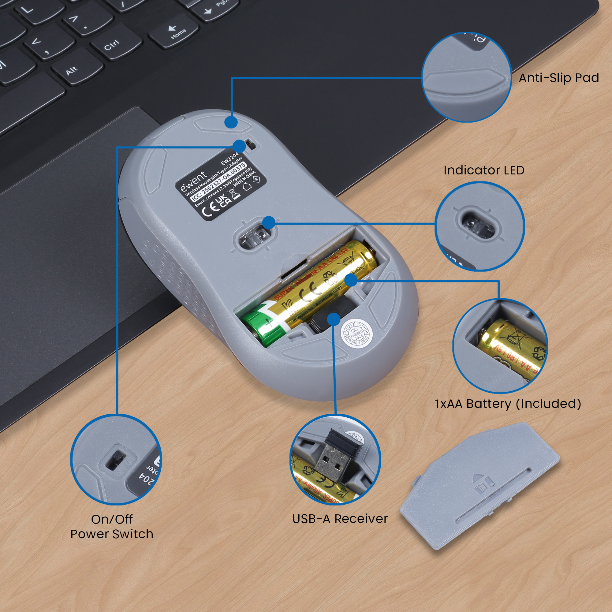 Ewent Wireless optical mouse 800-1200-1600dpi, Silent clicks and Type-C Adapter – image 6