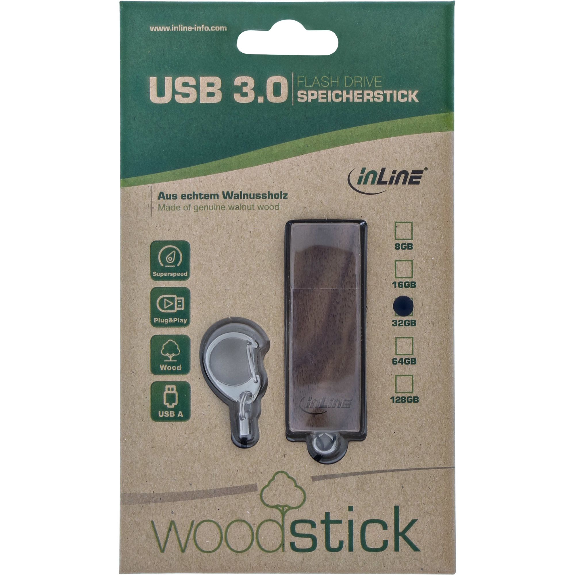InLine USB 3.0 Flash drive, woodline walnut, with Keychain – image 4