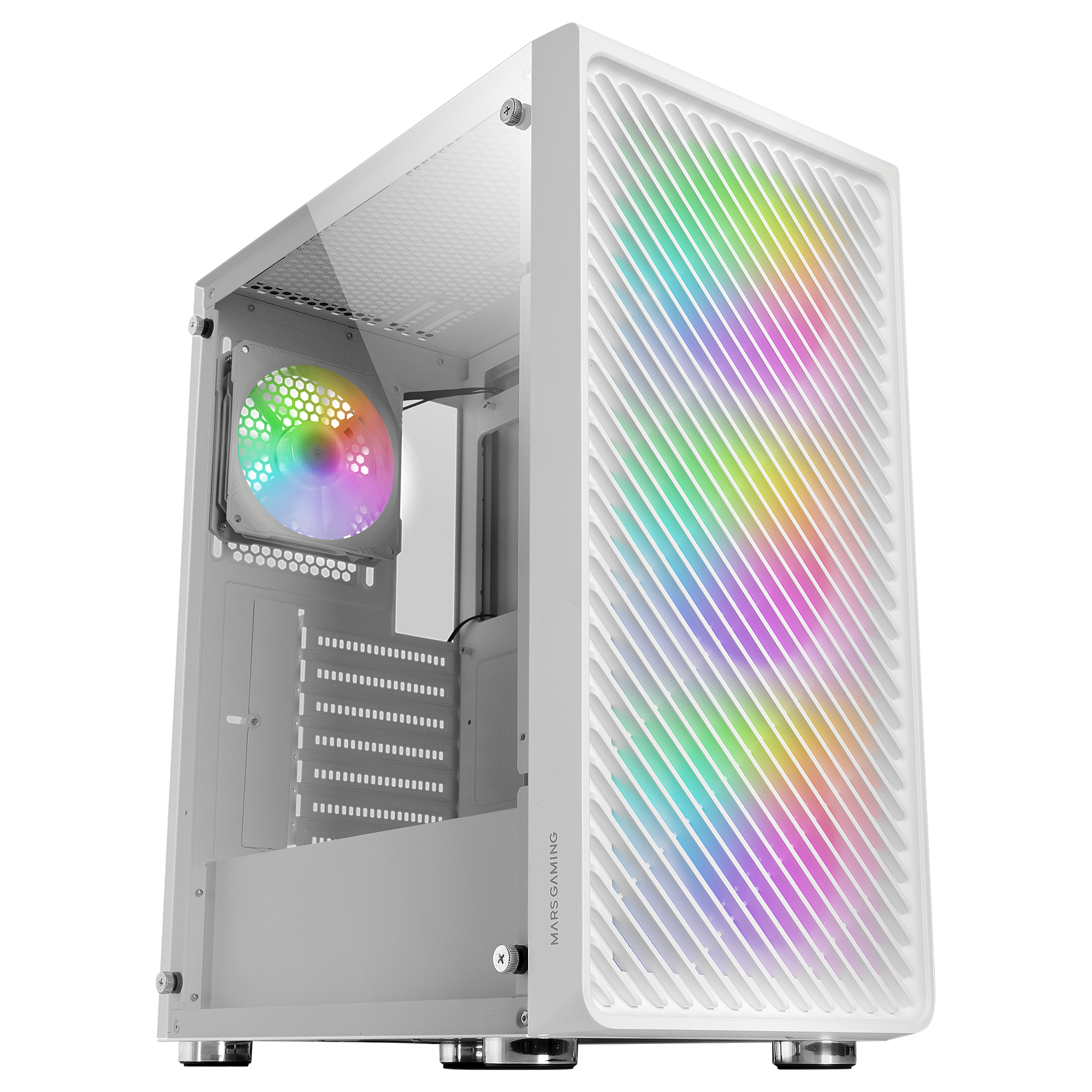 Mars Gaming MC-F White, ATX Gaming Semitower, Full Tempered Glass Window, Metal-Mesh Front