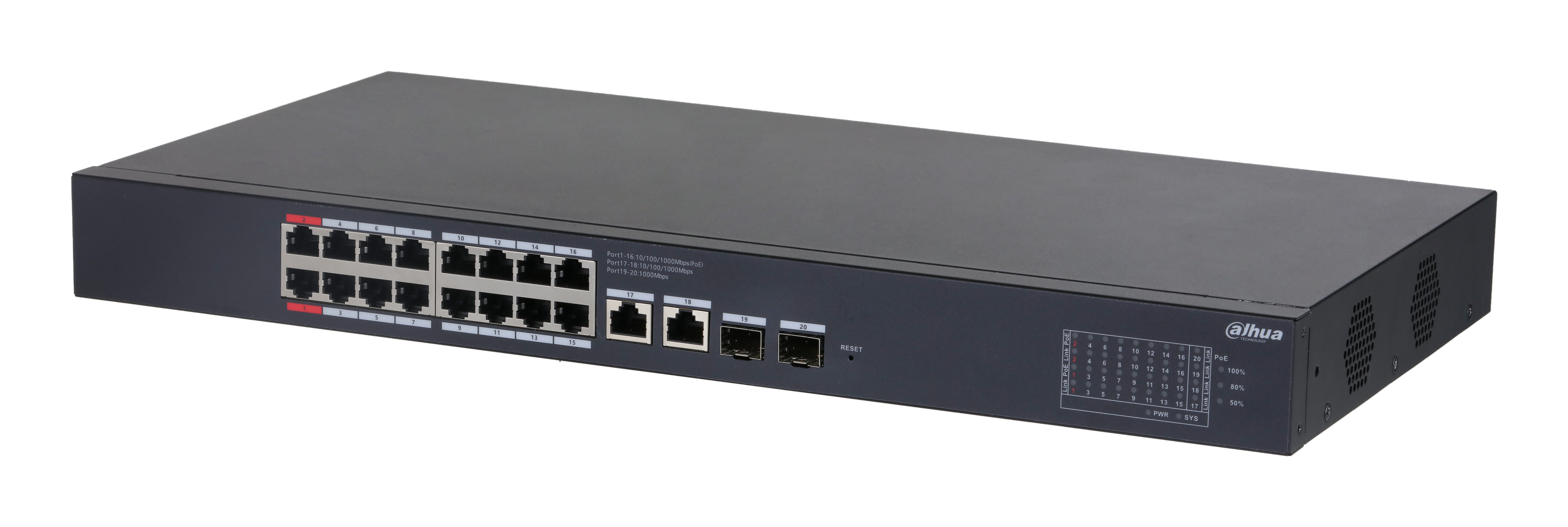 Switch Dahua CS4220-16GT-190 - Gigabit Ethernet - 16 Puertos PoE++ - 2 Uplink - 2 SFP - Gestionado - DH-CS4220-16GT-190
