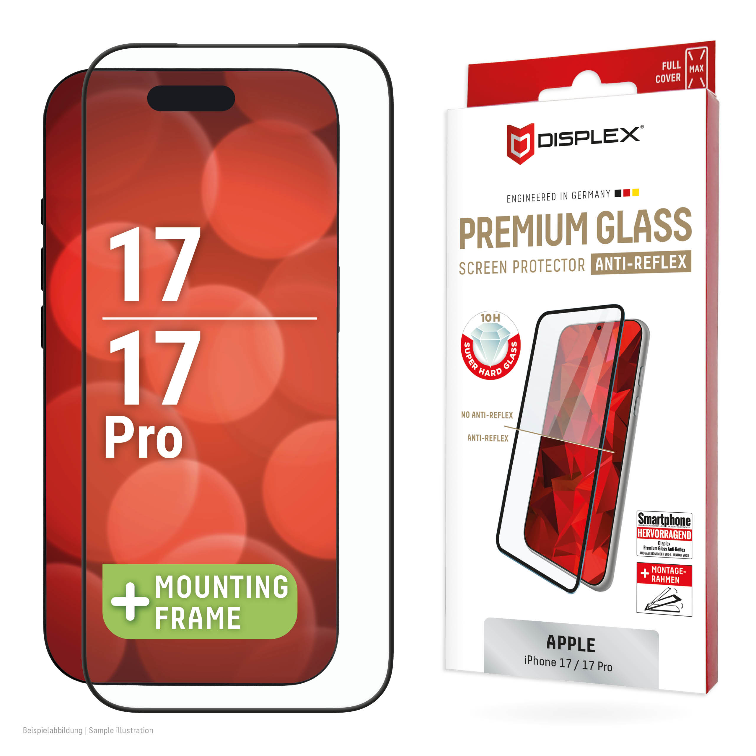 Displex Premium Screen Protector (Full Cover, 10H) for Apple iPhone 17/17 Pro, Eco Mounting Frame, Full Cover