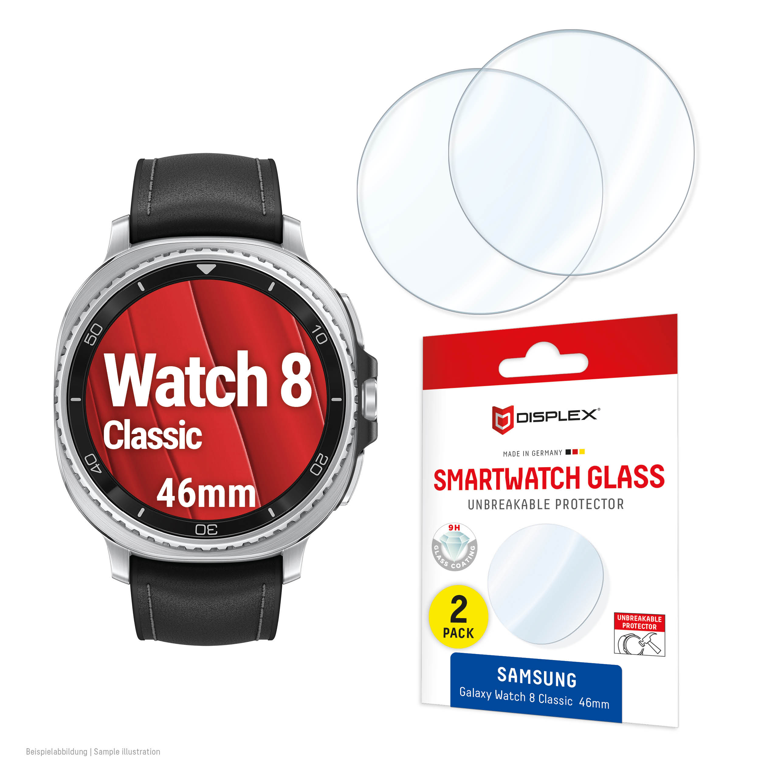 Displex 9H Glass Galaxy Watch 8 (46mm), 2-Pack, Ultra-Thin, Borderless, Anti-Smudge, Made in Germany