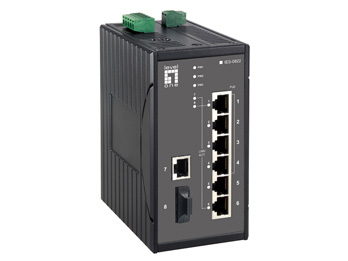 LevelOne 8-Port Fast Ethernet PoE Industrial Switch, 802.3af PoE, 4 PoE Outputs, DIN-Rail, 1 x SC Multi-Mode Fiber
