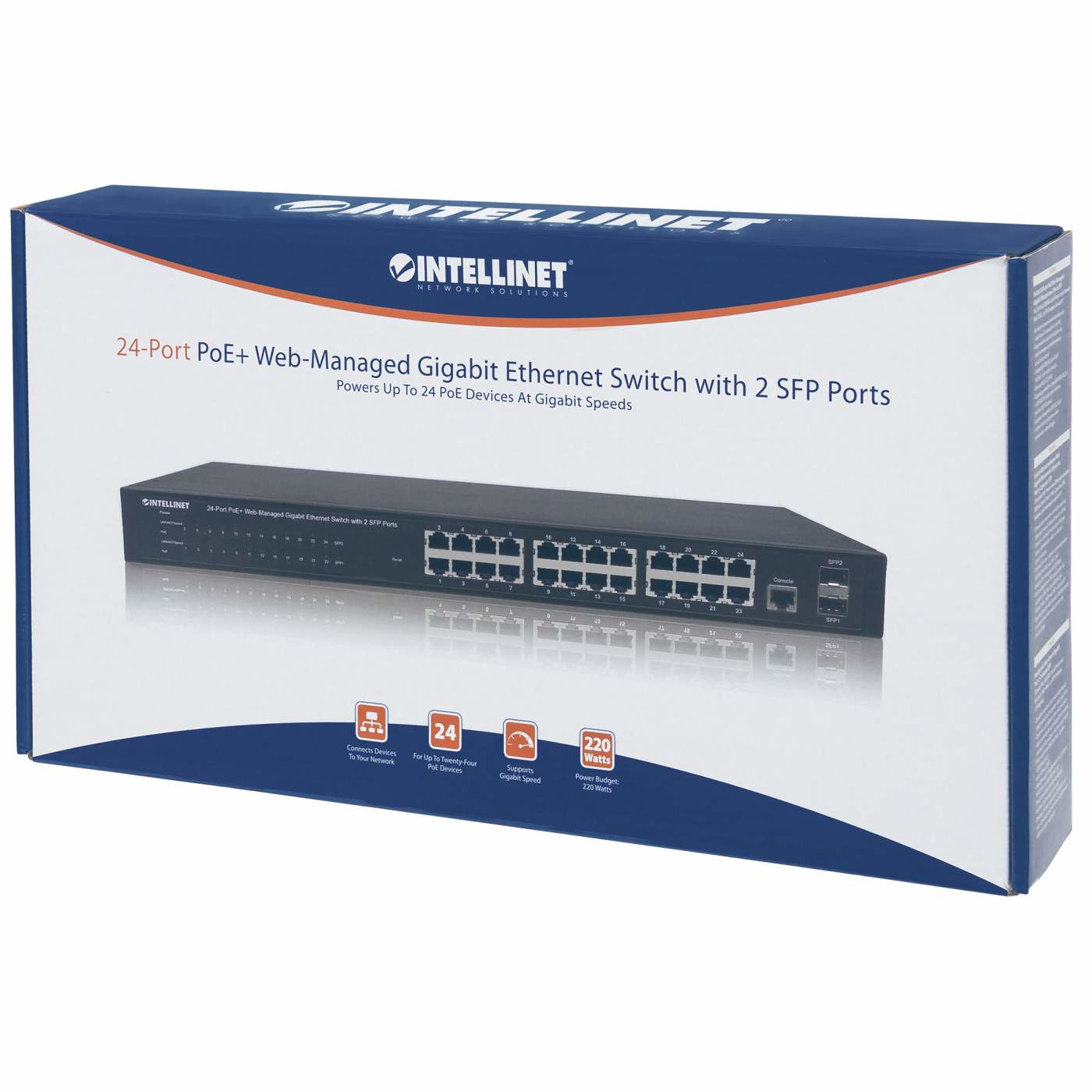 Intellinet 24-Port Gigabit Ethernet PoE+ Web-Managed Switch with 2 SFP Ports, 24 x PoE ports, IEEE 802.3at/af Power over Ethernet (PoE+/PoE), 2 x SFP, Endspan, – image 2