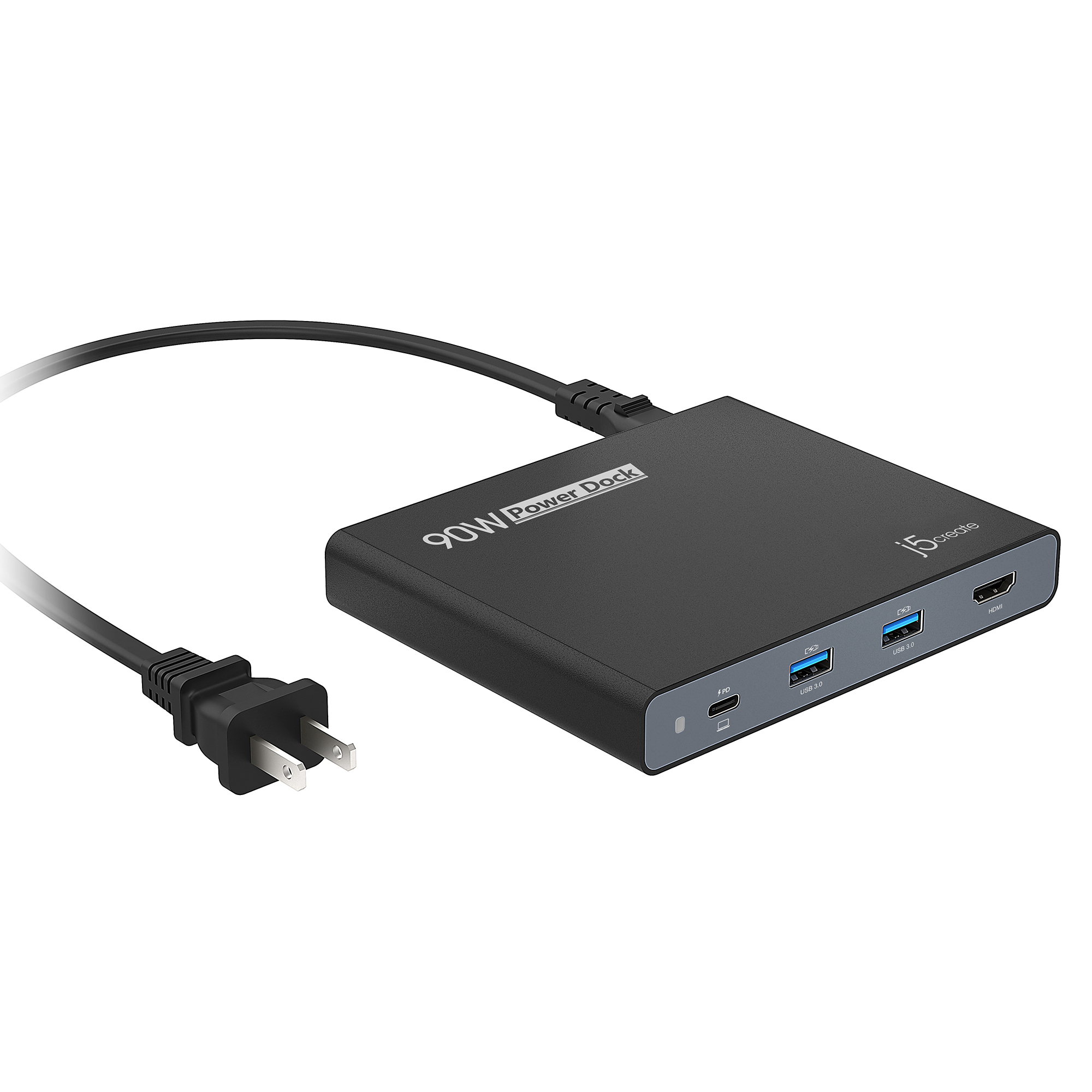j5create JCDP392 90W Built-in USB-C™ Travel Dock - UK, includes 1x HDMI port and 3x USB ports, Black – image 1