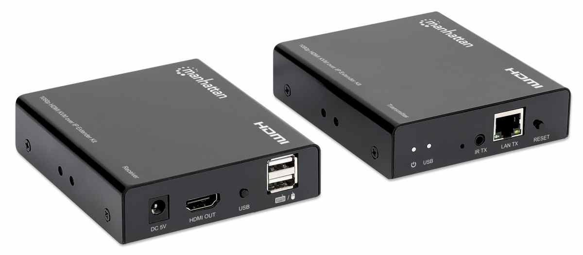 Manhattan 1080p HDMI KVM over IP Extender Kit, HDMI Extender by Single Cat5e/6 up to 120m, with IR and KVM, Black, Three Year Warranty, Retail Box