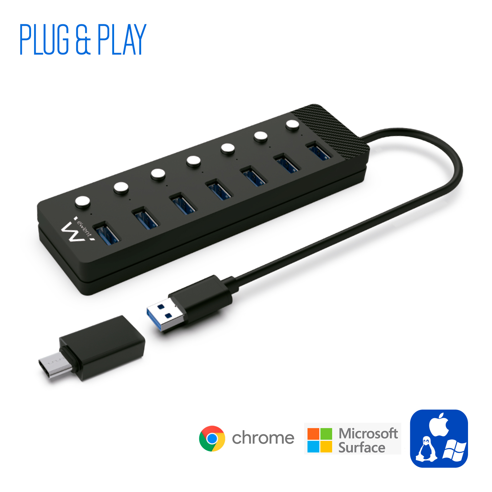 Ewent EW1147 interface hub USB 3.2 Gen 1 (3.1 Gen 1) Type-A 5000 Mbit/s Black – image 4
