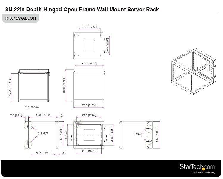 StarTech.com 4-Post 8U Hinged Wall-Mount Network Rack – image 7