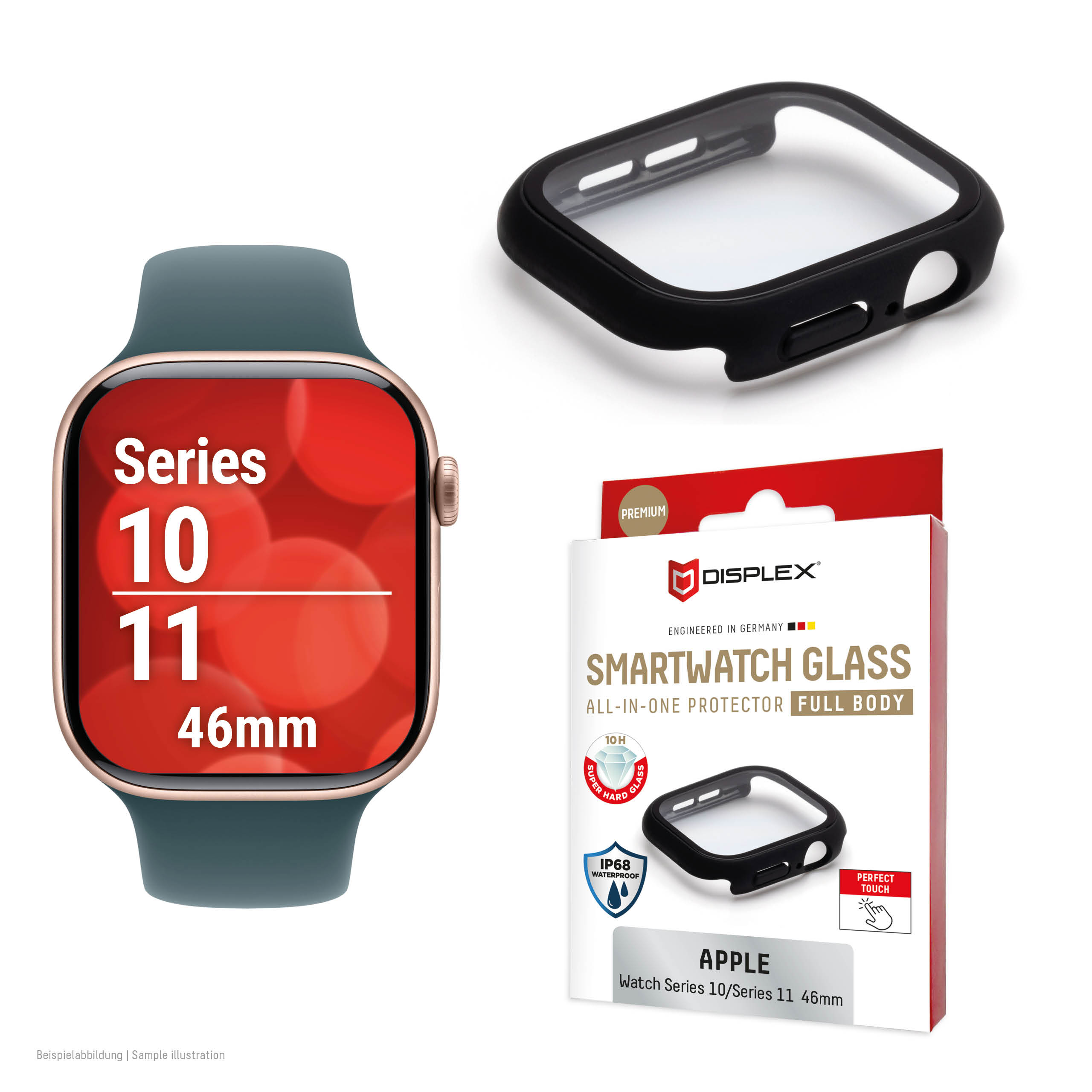 Displex 10H Tempered Glass for Apple Watch 11/10 (46mm), Full Body Case, IP68, Snap-On, black frosted