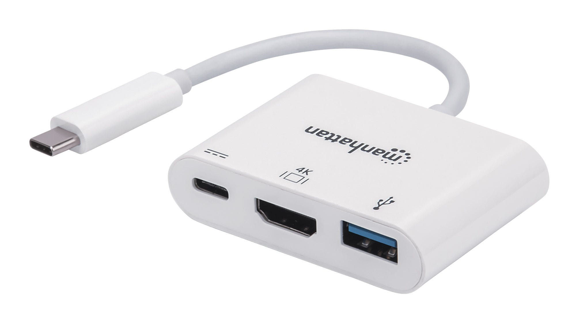 Manhattan USB-C Dock/Hub, Ports (x3): HDMI, USB-A and USB-C, With Power Delivery (60W) to USB-C Port (Note additional USB-C wall charger and USB-C cable needed)