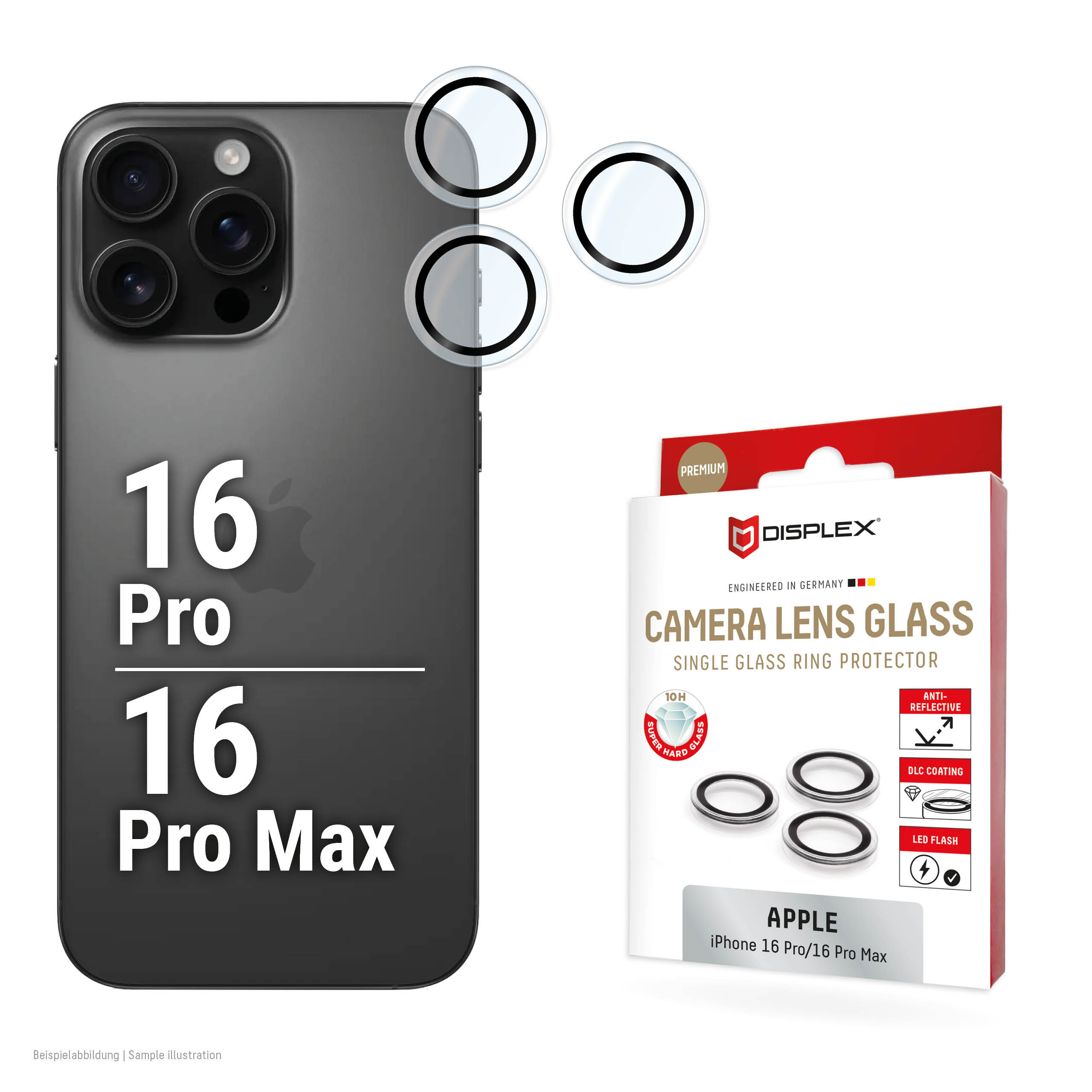 Displex Premium Camera Lens Glass, iPhone 16 Pro/16 Pro Max, 10H, Single Rings, DLC, transparent, Quick Mount