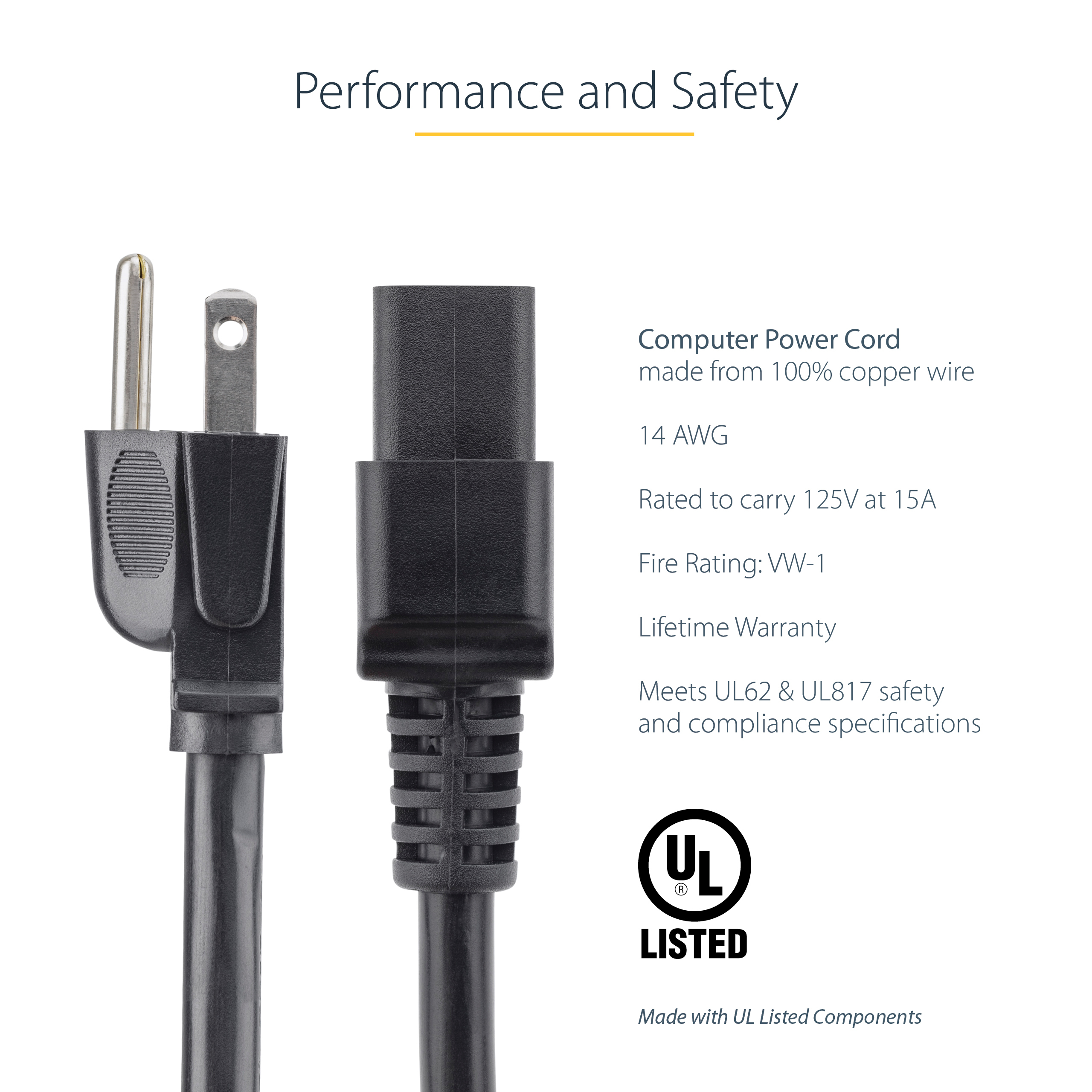 صورة كيبل طاقة StarTech.com PXT515191410 بطول 3 أمتار، NEMA 5-15P إلى C19، 15A 125V، 14AWG، أسود