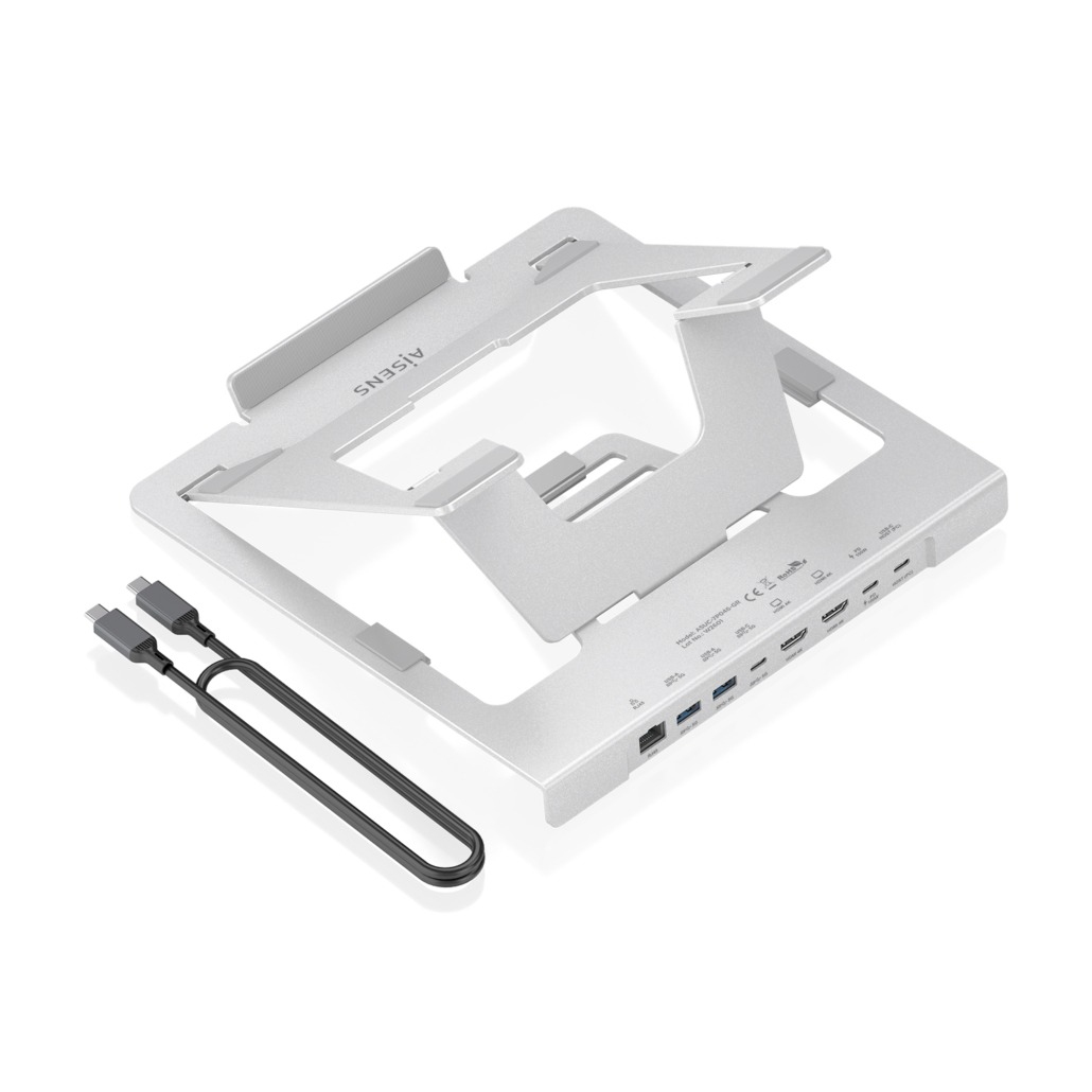 AISENS - SOPORTE DE SOBREMESA AJUSTABLE PARA PORTATIL / TABLET CON USB-C DOCKING 7 EN 1, GRIS
