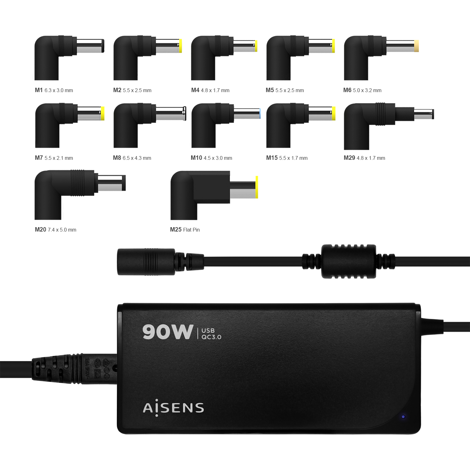 AISENS Cargador 90 W Automatico Universal Multitension Para Portatil Con 12 Conectores + USB-A QC.3.0 – image 5