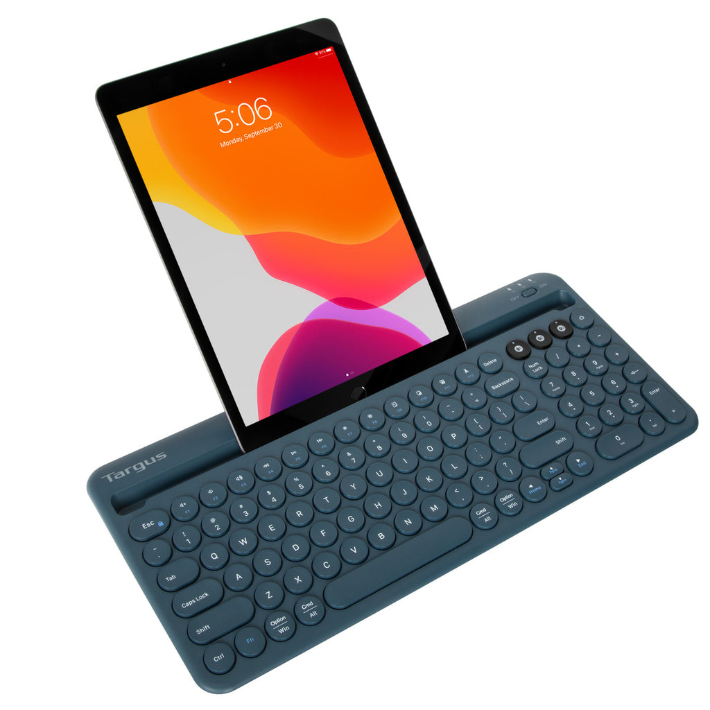 MULTI-DEVICE BLUETOOTH  ANTIMICROBIAL KEYBOARD WITH TABLET/PHONE CRADLE BLUE
