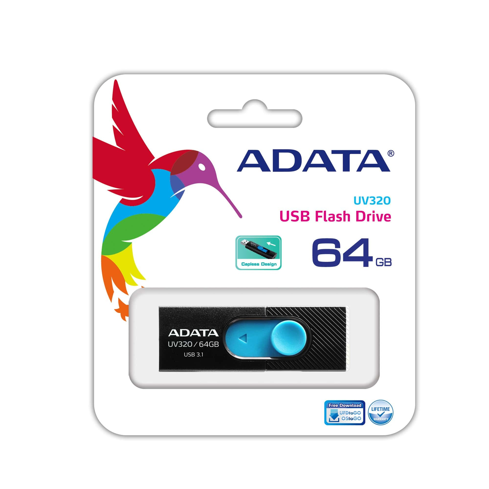 Memoria USB ADATA UV320 - 64GB - USB 3.1 - Negro/Azul - AUV320-64G-RBKBL