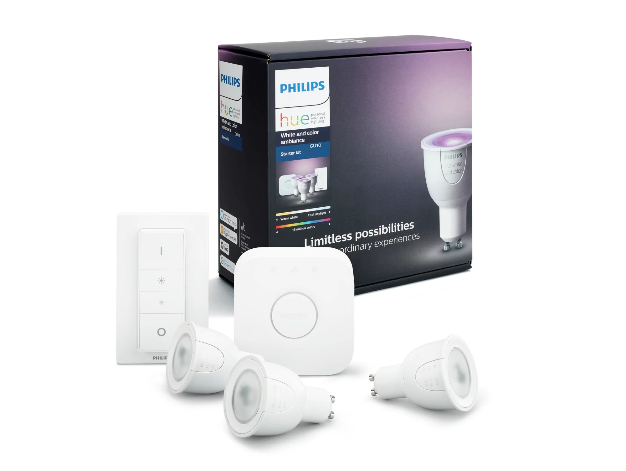 Resim Philips Hue White and Colour Ambiance GU10 Akıllı Ampul Starter Kit, Zigbee, Beyaz, 16 Milyon Renk, 2000K-6500K, 250 Lümen, 6.5W