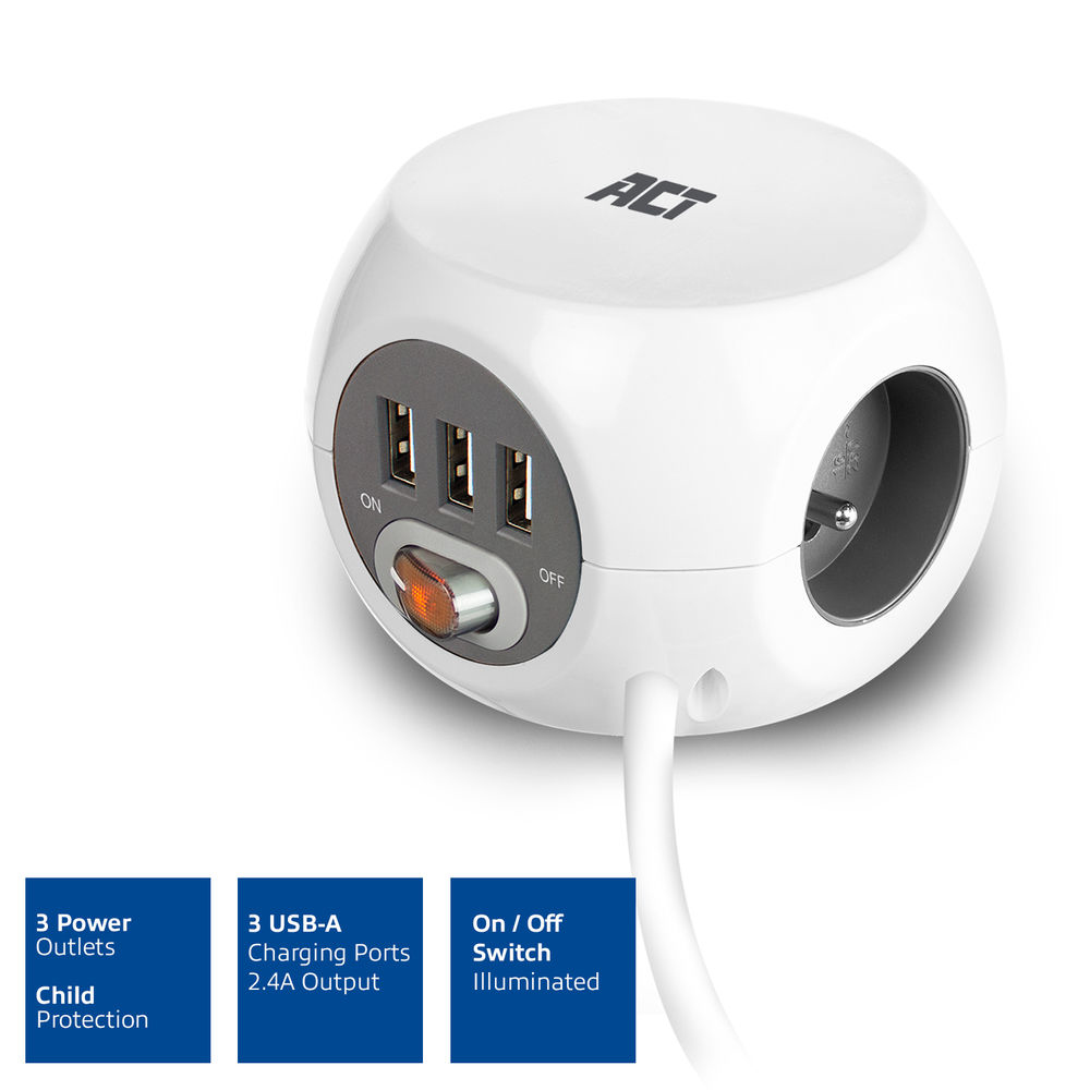 ACT Power socket cube (PDU) with 3 sockets, USB-A ports, 1.5m (Belgium) – image 7