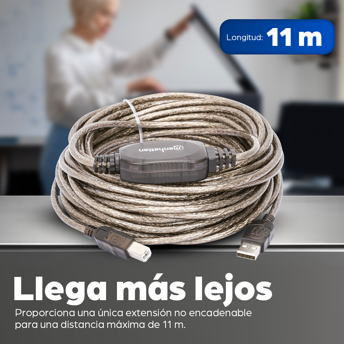 Extensión Activa USB-A 2.0 11m Manhattan 510424, 480Mbps Color Plata