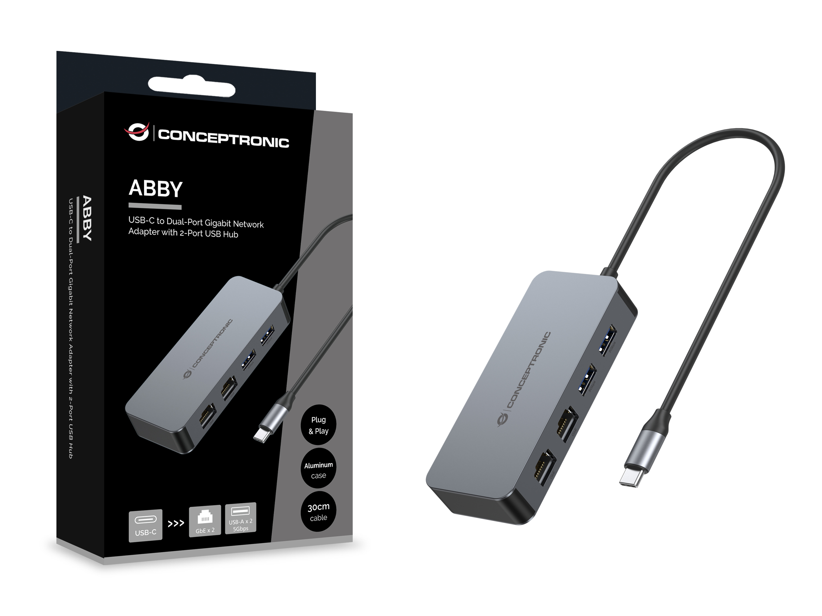 CONCEPTRONIC Adapter USB-C->2xGbE+2xUSB-A3.2   5Gbs 0.30m gr Adapter