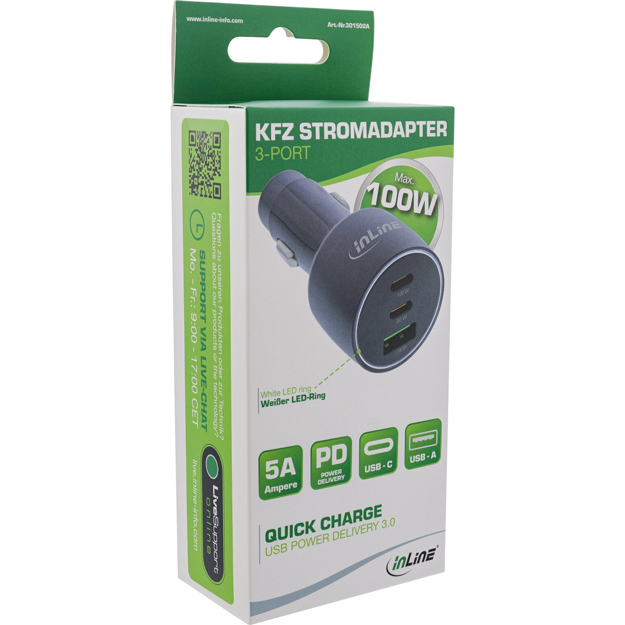 InLine USB car power adapter Power Delivery, 2x USB-C + QC USB-A, black – image 5