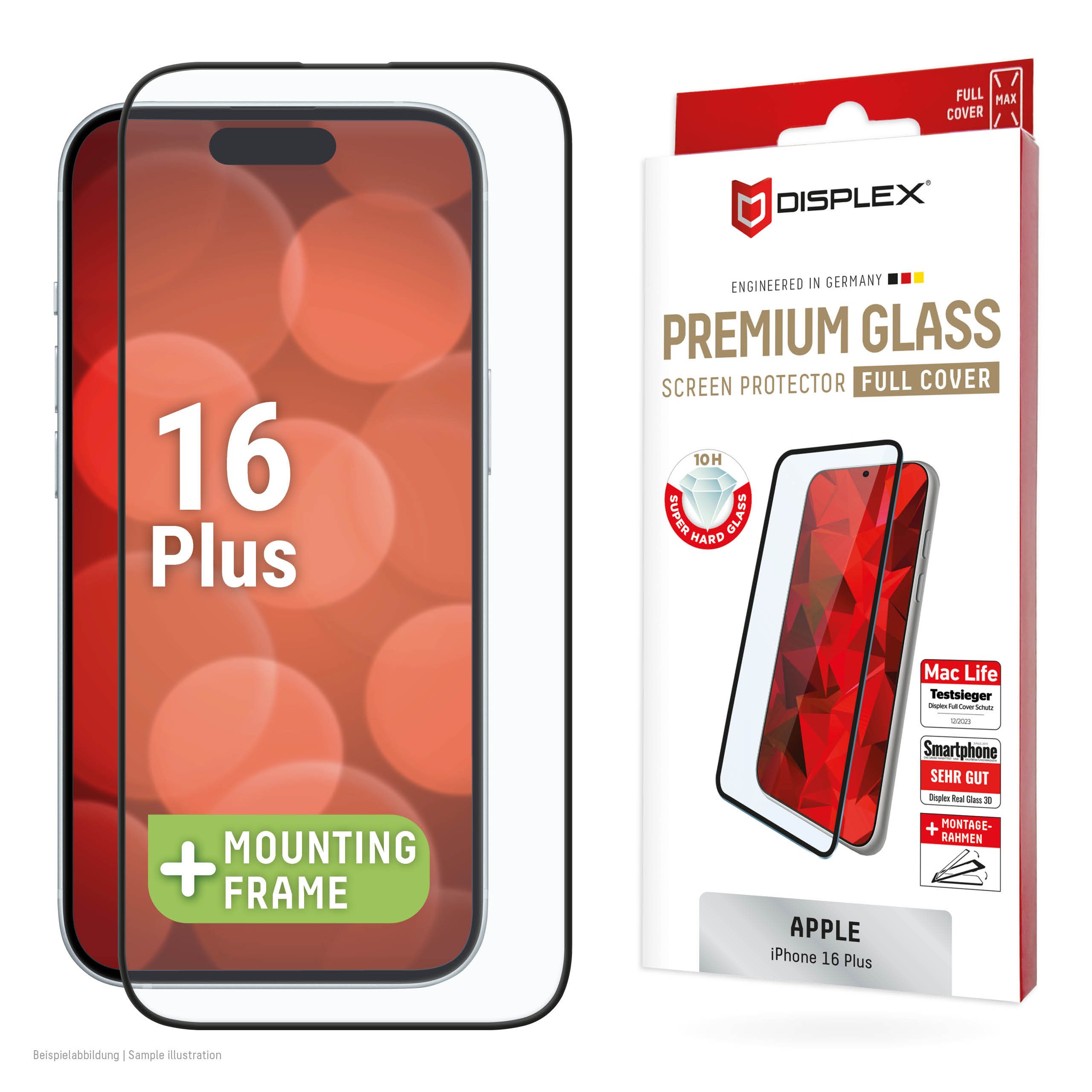 Displex Premium Screen Protector (Full Cover, 10H) for Apple iPhone 16 Plus, Eco Mounting Frame, Full Cover