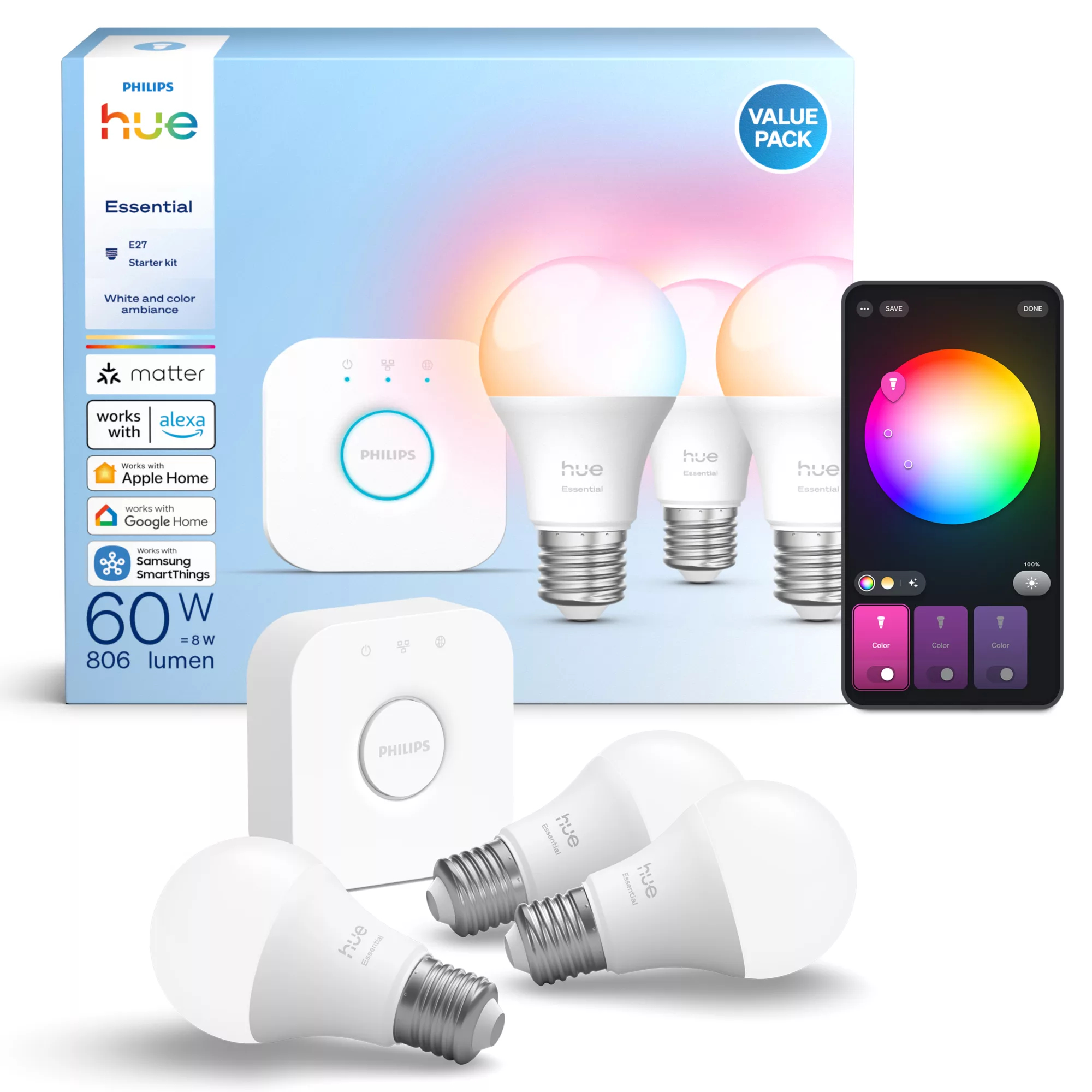 Philips by Signify Philips Hue White and colour ambience Essential starter kit: 3 E27 smart bulbs (806 lm) – image 2