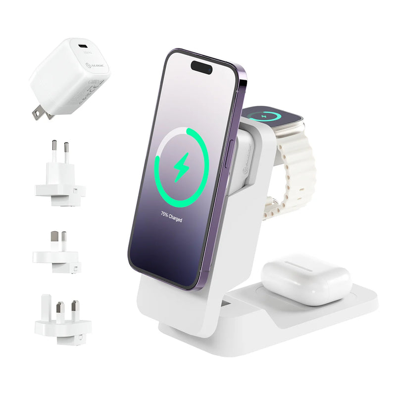 ALOGIC Matrix Fold 3-in-1 Travel Charger with 5,000mAh MagSafe Power Bank, White, 35W Multi Country Power Adaptor (US/EU/UK &AU