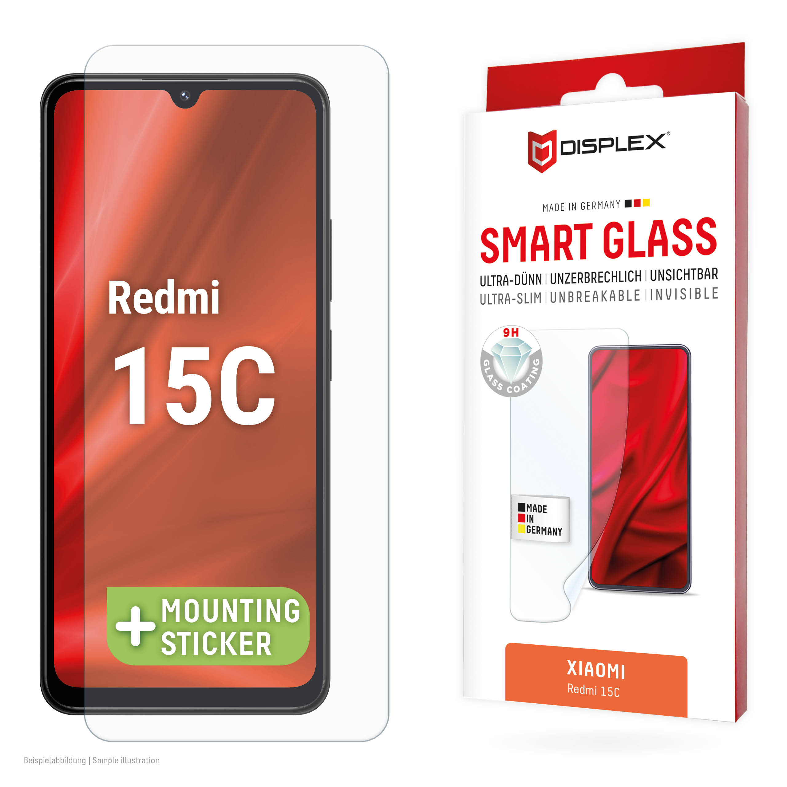 Displex Smart Glass (9H) for Xiaomi Redmi 15C, Mounting Sticker, unbreakable