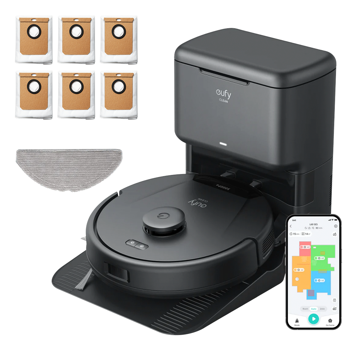 Eufy Clean L60 Hybrid SES + 60-Tage-Staubbeutel aspirapolvere robot 0,29 L Senza sacchetto Nero