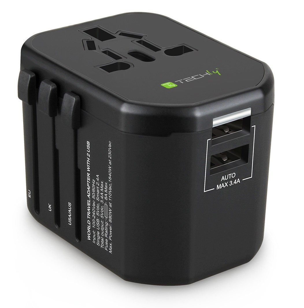 Techly Travel Adapter with 2 USB Ports 2.4A Black