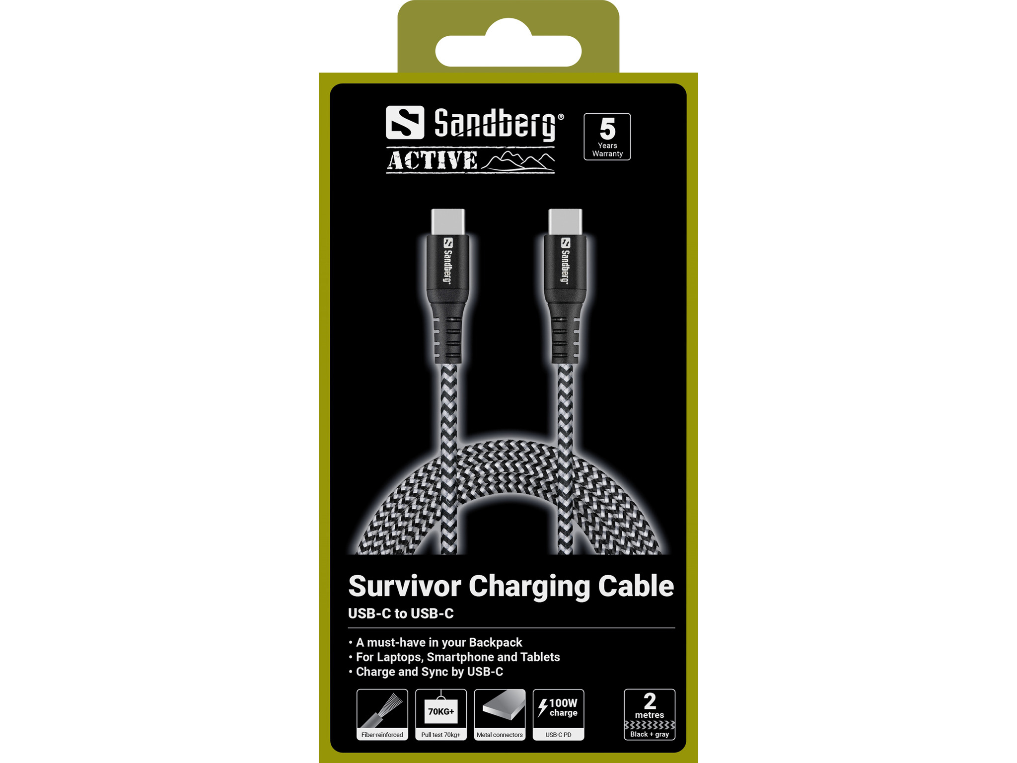 صورة كابل Sandberg 441-67 USB-C 2.0، 2 متر، 100 واط، سترة كيفلار، أسود/أبيض
