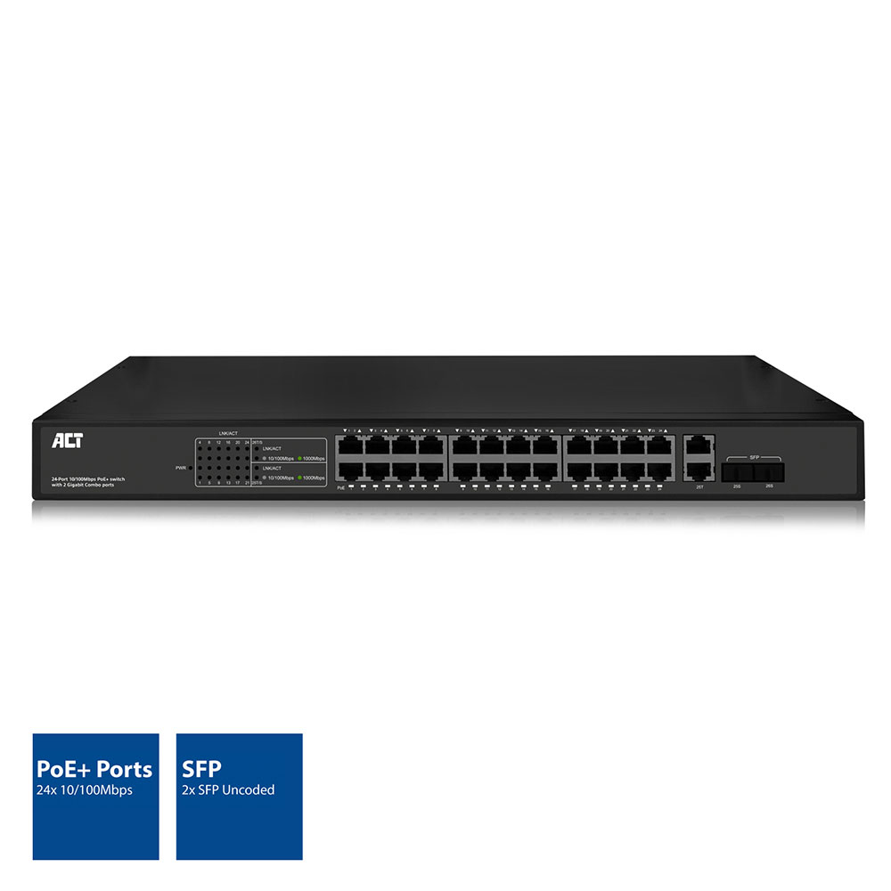 ACT AC4434 24 port, network switch, 10/100Mbps. 24x PoE+ (30W) port, 2 Gigabit combo/uplink ports for 2 uncoded SFP modules – image 3