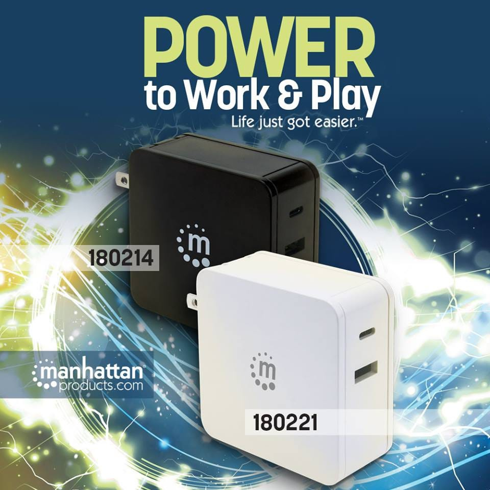 Manhattan Wall/Power Charger (Euro 2-pin), USB-C and USB-A ports, USB-C Output: