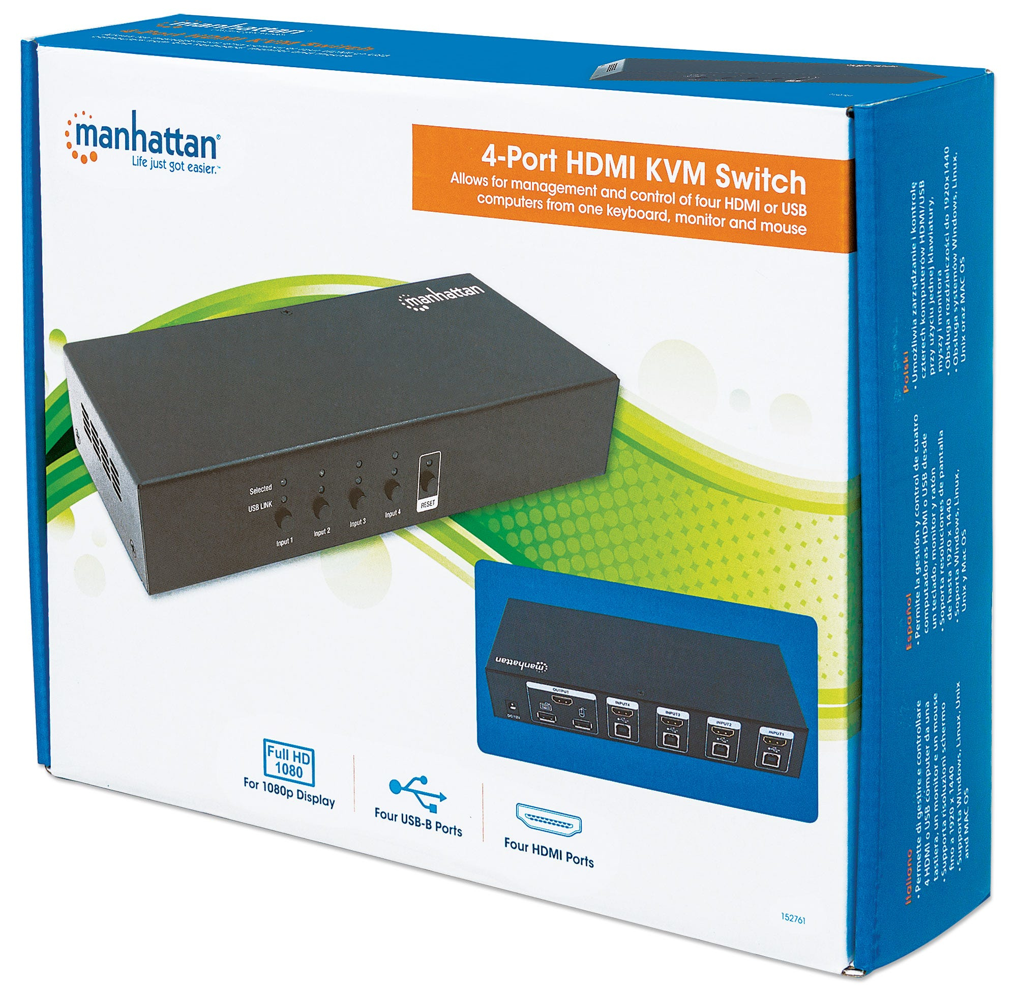 Manhattan 4-Port HDMI KVM Switch, Four HDMI and Four USB-B Ports, Full HD, set of four HDMI-to-USB cables included (Euro 2-pin plug) – image 5