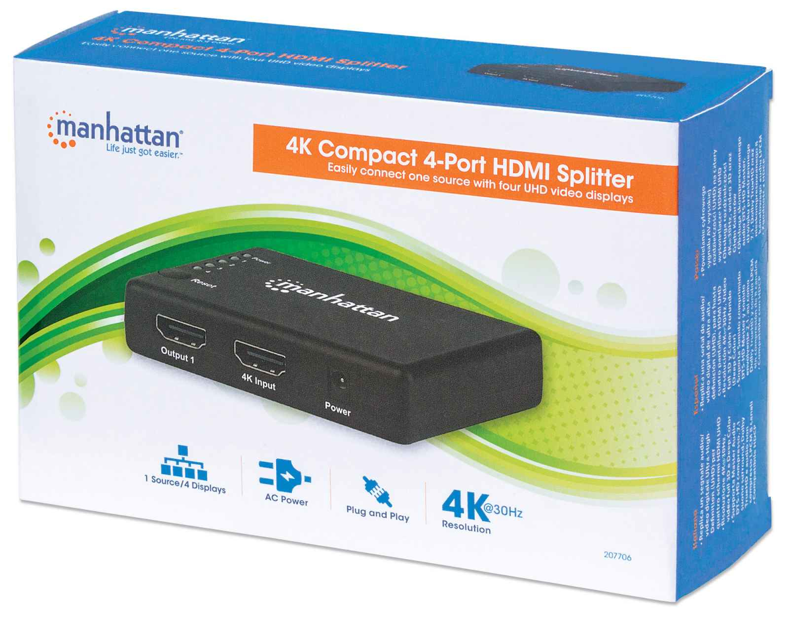 Manhattan HDMI Splitter 4-Port (Compact), 4K@30Hz, Displays output from x1 HDMI source to x4 HD displays (same output to four displays), AC Powered (cable 0.7m) – image 8