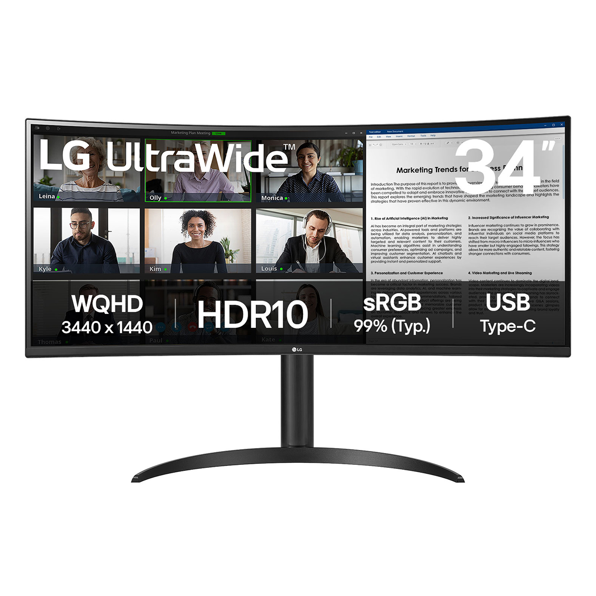 LG UltraWide 34WR55QK-B - LED monitor - curved - 34" - 3440 x 1440 WQHD @ 100 Hz - VA - 300 cd/m� - 1000:1 - HDR10 - 5 ms - 2xHDMI, DisplayPort, USB-C - black