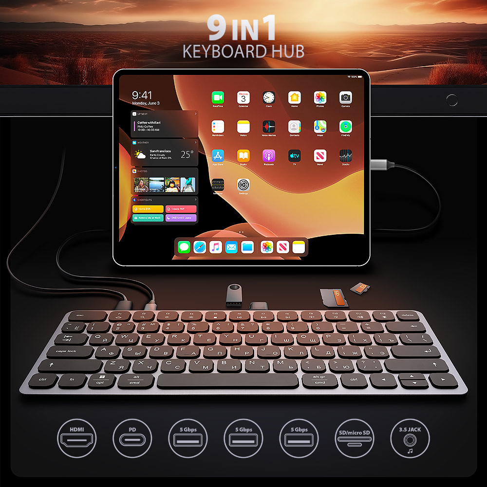 Axagon HMC-KB-CRL, USB 5Gbps hub w. keyboard, HDMI 4K/60Hz, 3x USB-A, SD/mSD, audio, PD100, Cyrillic layout – image 3