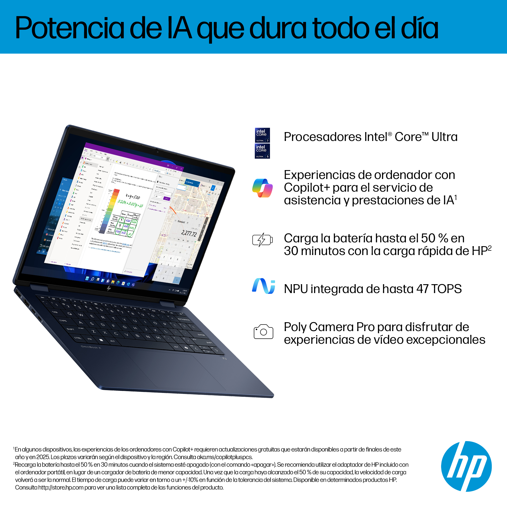Portátil - HP OmniBook X FlipNGAI 14-fm0004ns Copilot+ PC, 14" 3K, Intel® Core™ Ultra 7, 32GB RAM, 1TB SSD, Gráficos Intel Arc™, Windows 11 Home, Azul - imagen 10