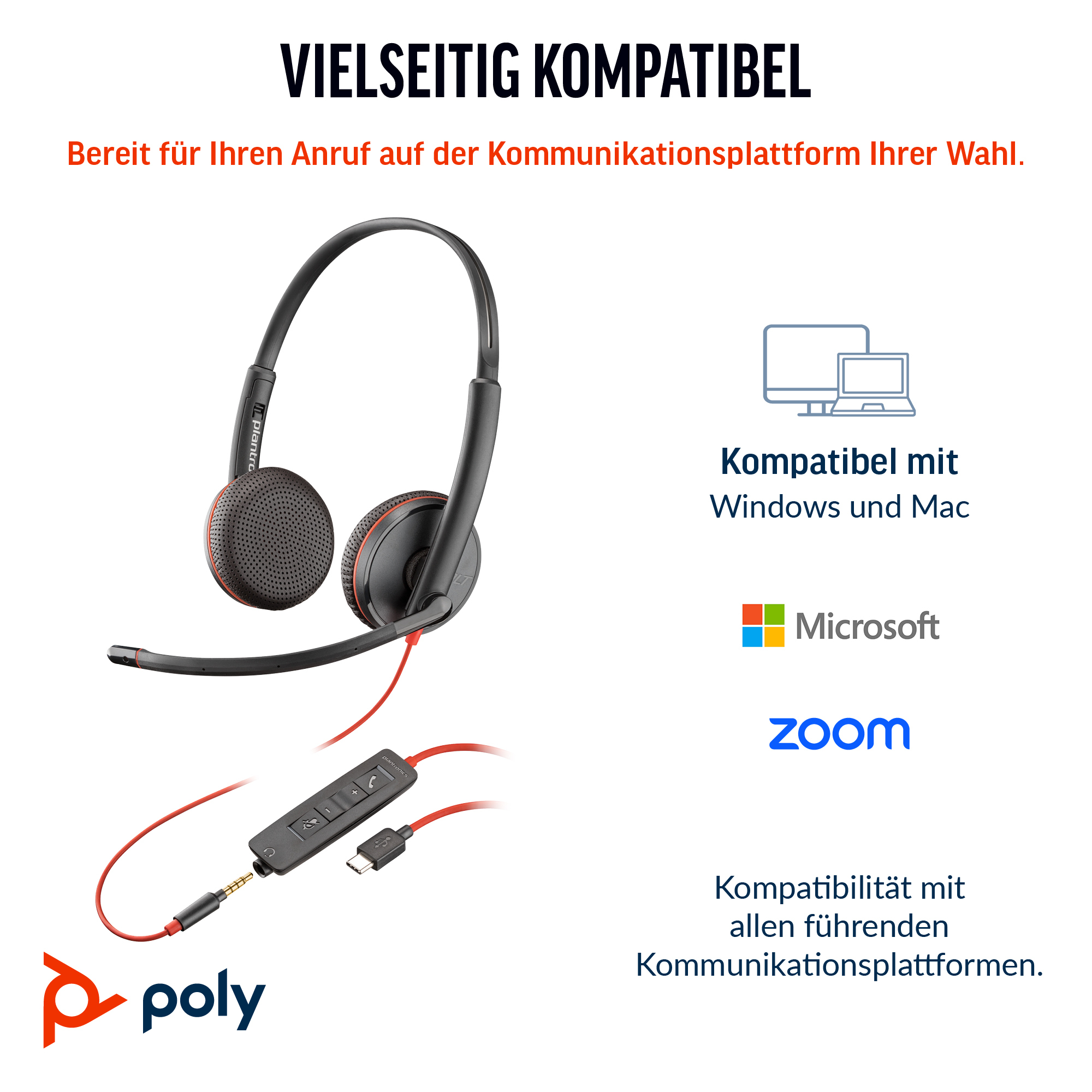 Blackwire 3225 Stereo USB-C-Headset +3,5-mm-Stecker +USB-C/A-Adapter (Packungseinheit)