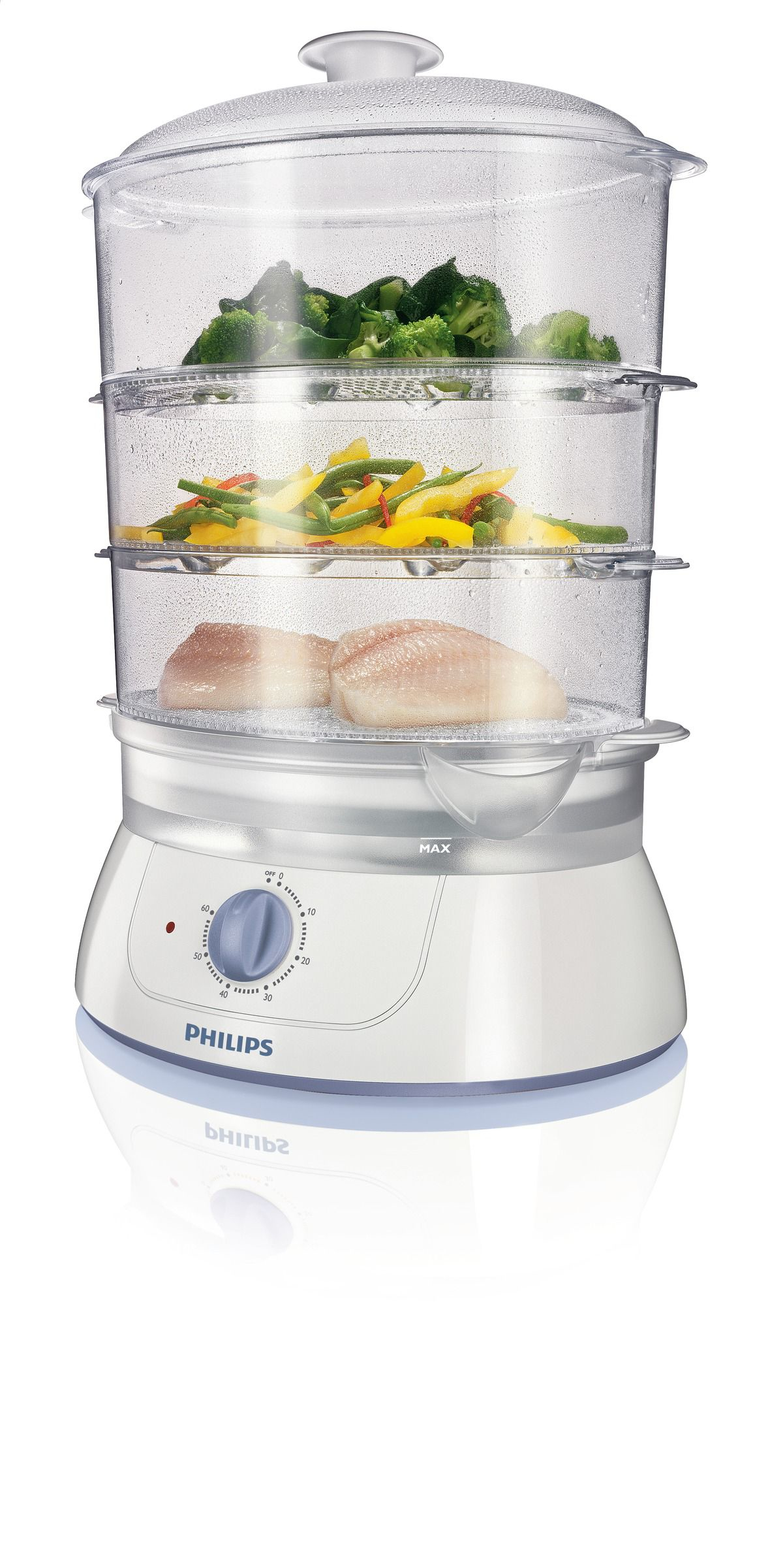Resim Philips RI9120 Ayaklı Buharlı Pişirici, 900W, 1 Sepet, Şeffaf/Beyaz